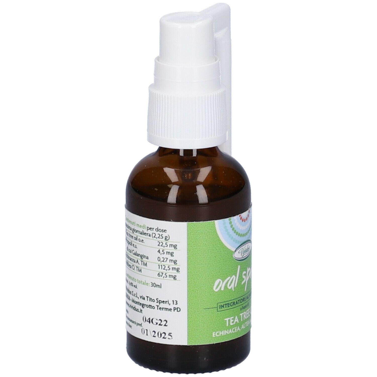 Flacone di vetro marrone con vaporizzatore e applicatore. Etichetta con ingredienti. Scritta: 30 ml.