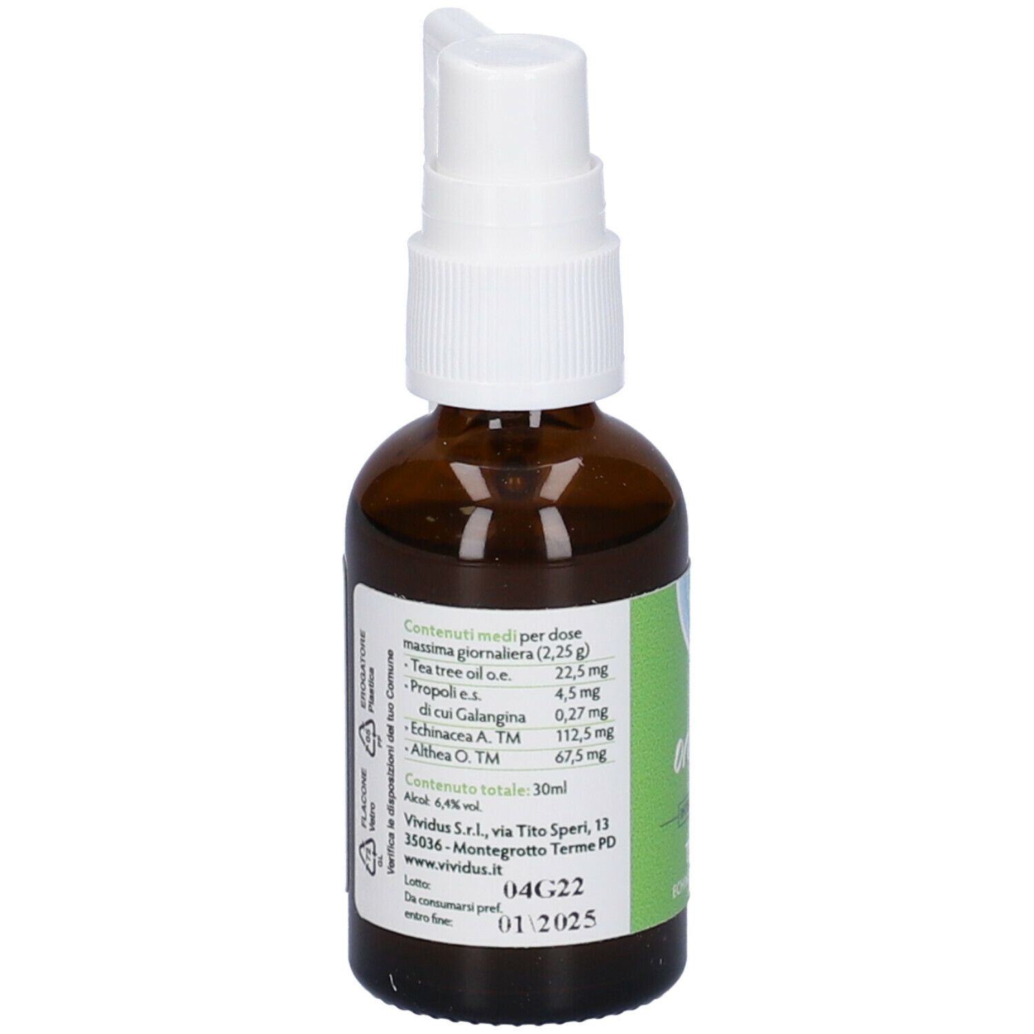 Flacone di vetro marrone con vaporizzatore. Etichetta con ingredienti. Scritta: 30 ml. Scadenza 01 2025.