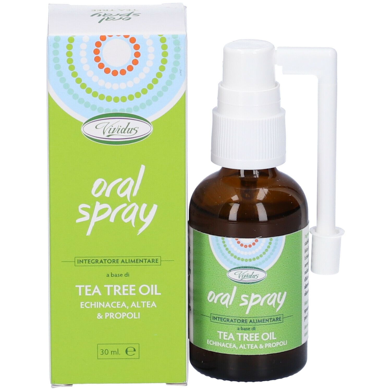 Flacone marrone con vaporizzatore e applicatore accanto a scatola verde. Scritta: oral spray, Tea Tree Oil. 30 ml.