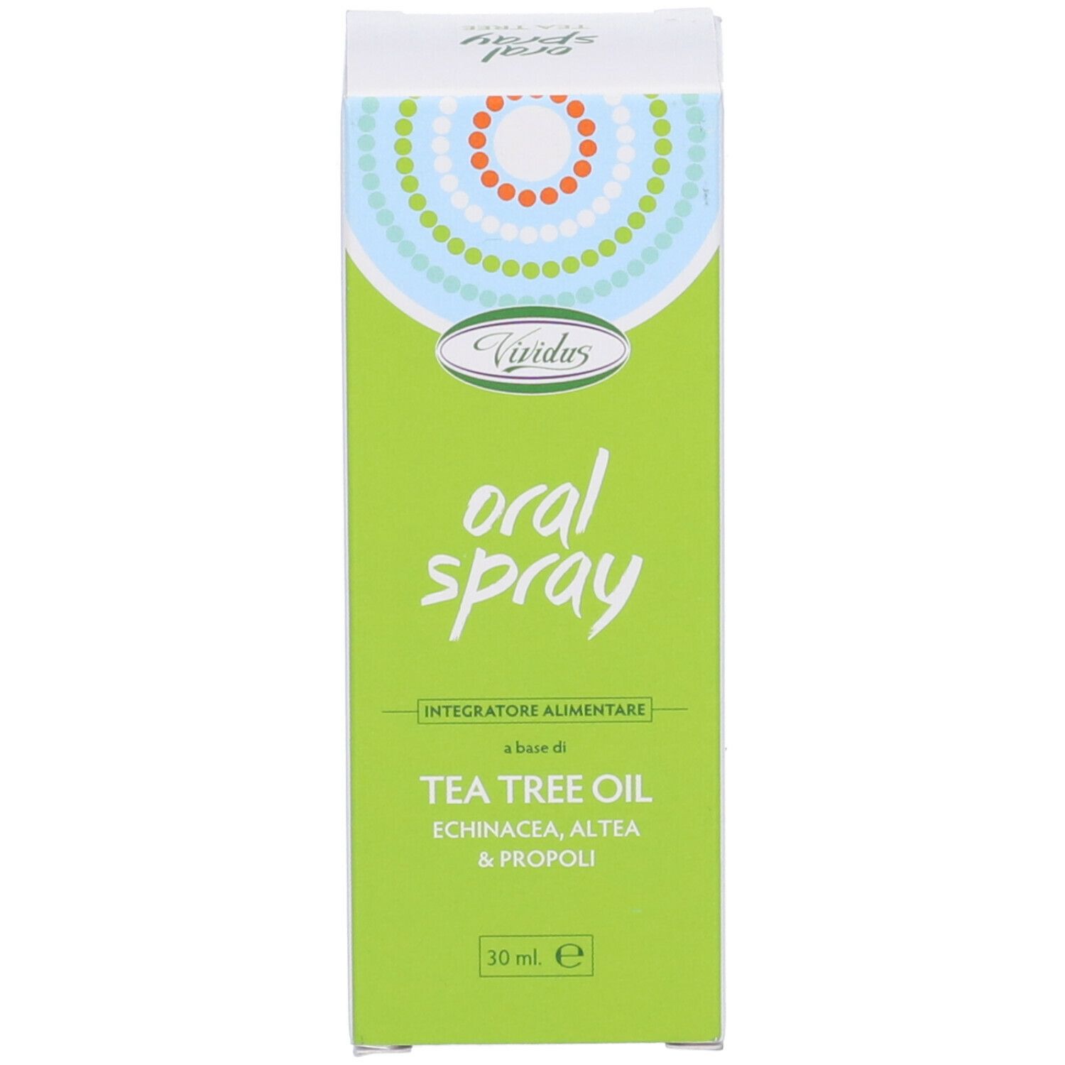 Scatola verde con coperchio bianco. Scritta: oral spray, Tea Tree Oil, Echinacea, Altea & Propoli. 30 ml.
