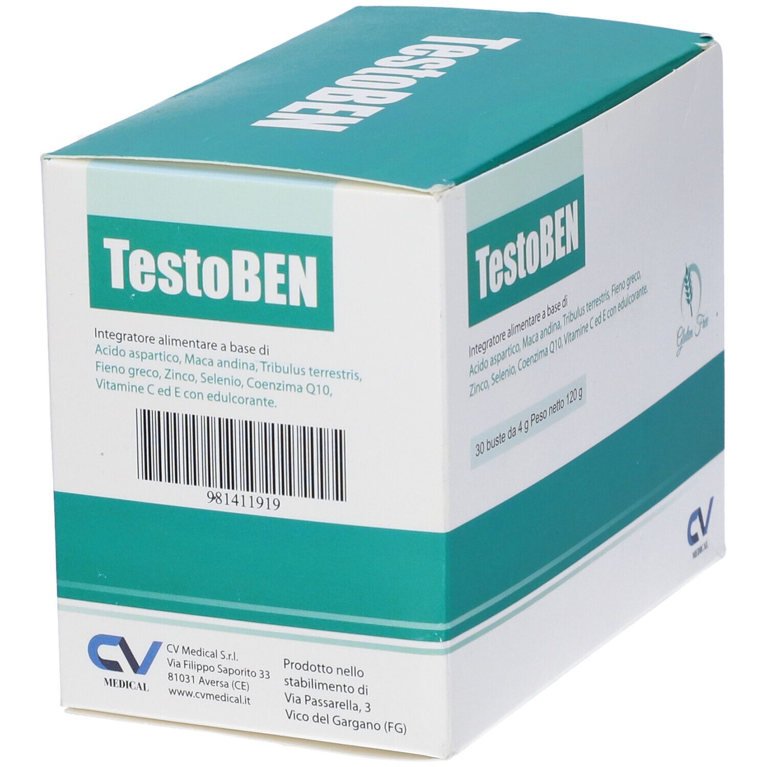 Confezione TestoBEN. Scatola bianca e verde. Scritte: TestoBEN, logo CV Medical, codice a barre.