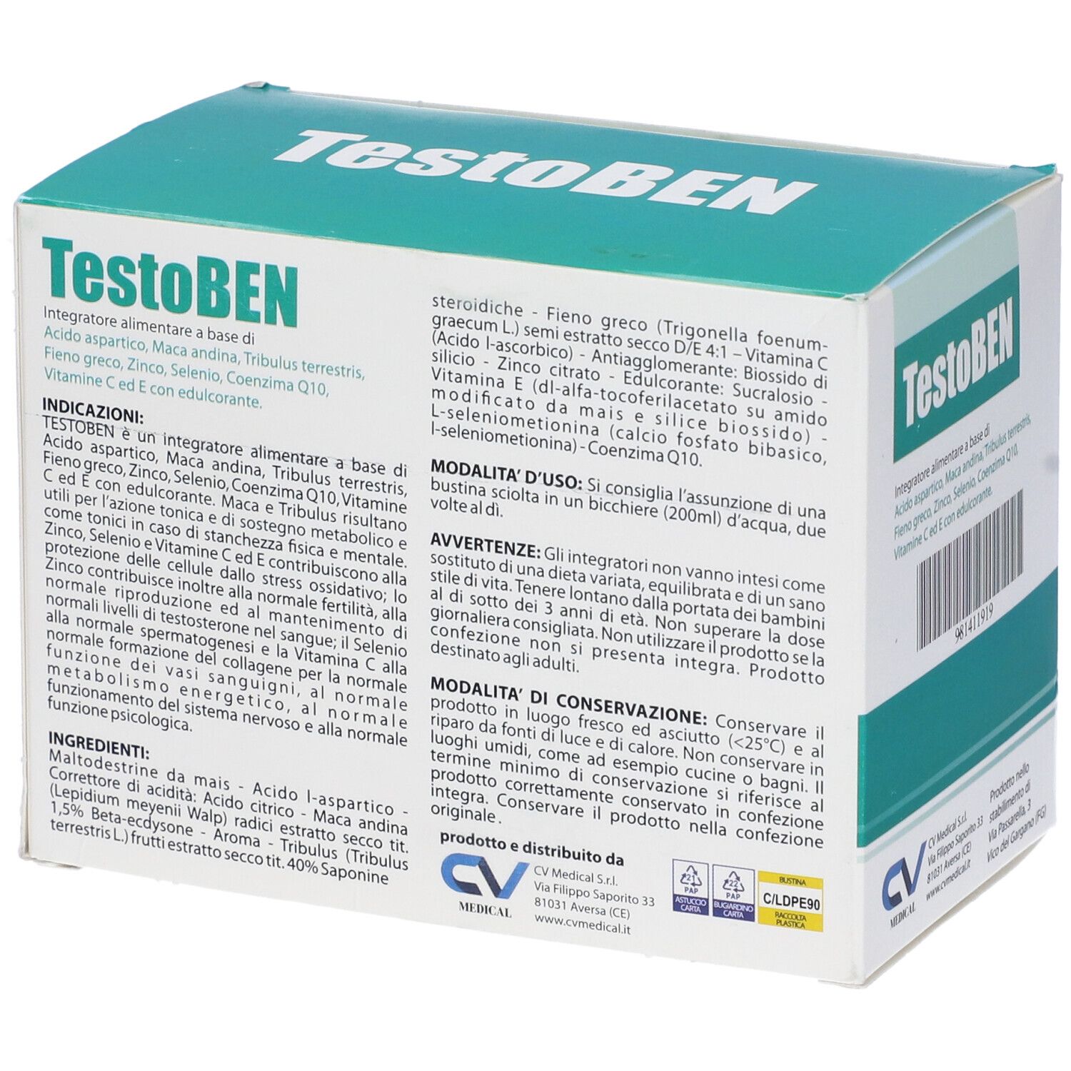 Confezione TestoBEN. Scatola bianca e verde. Scritte: TestoBEN, ingredienti, istruzioni per l'uso, logo CV Medical.