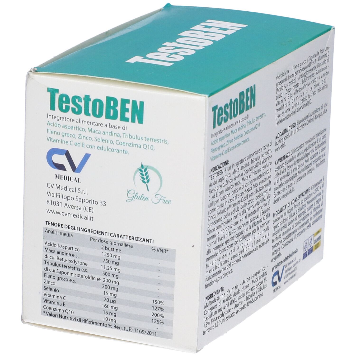 Confezione TestoBEN. Scatola bianca e verde. Scritte: TestoBEN, ingredienti, tabella nutrizionale, logo CV Medical.