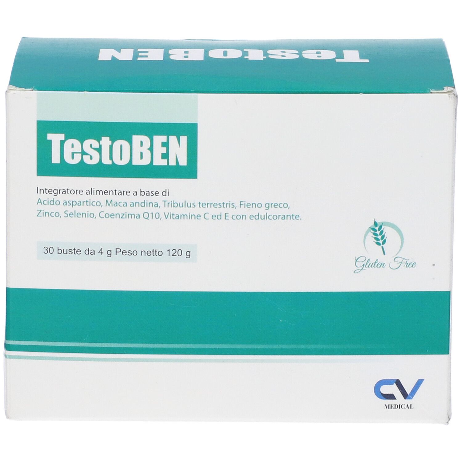 Confezione TestoBEN. Scatola bianca e verde. Scritte: TestoBEN, 30 bustine, logo senza glutine, logo CV Medical.