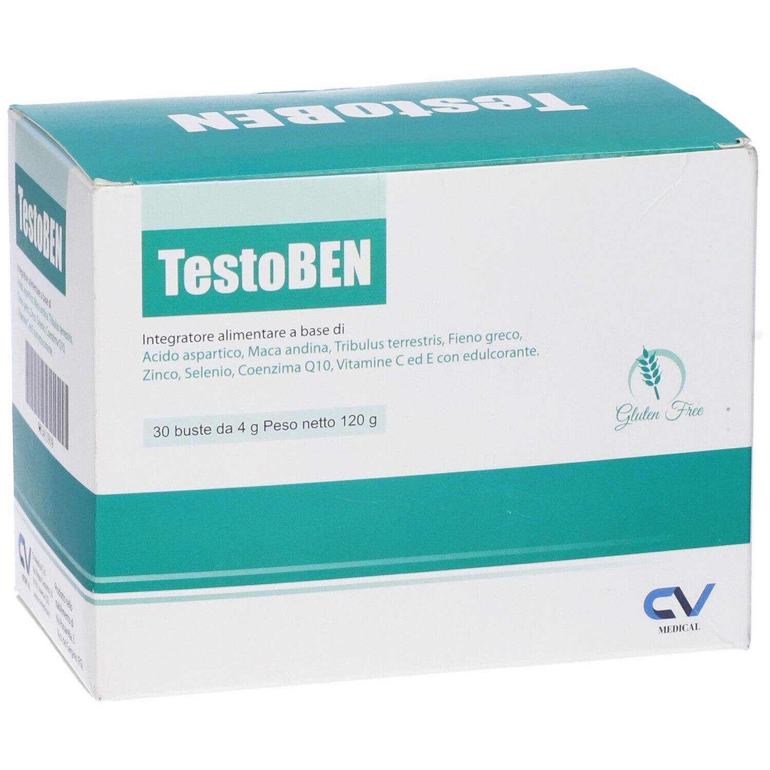 Confezione TestoBEN. Scatola bianca e verde. Scritte: TestoBEN, 30 bustine, logo senza glutine, logo CV Medical.
