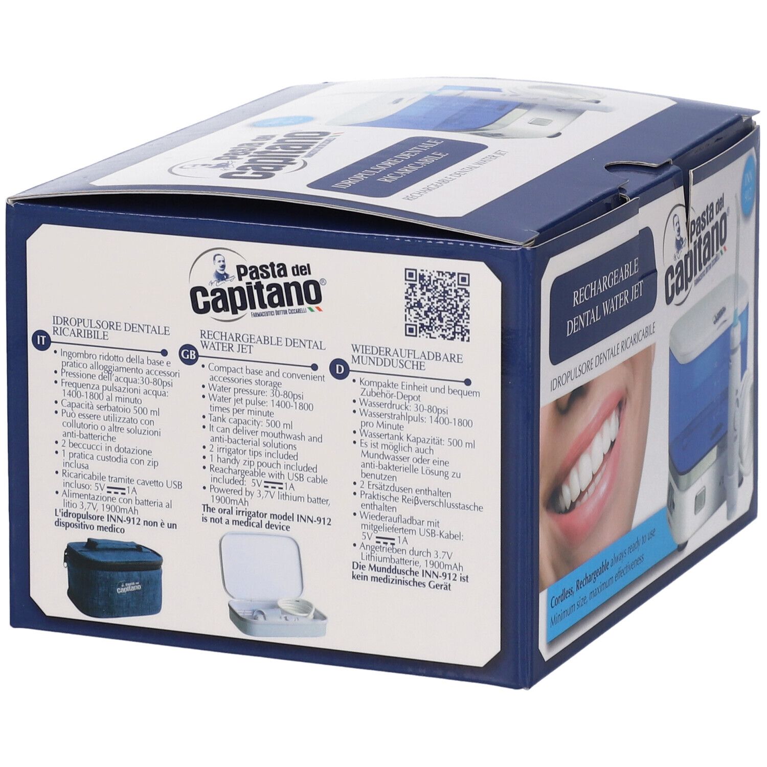 Retro della confezione. Testo in tedesco, italiano. Immagini del prodotto. Codice QR. Marchio: Pasta del Capitano.