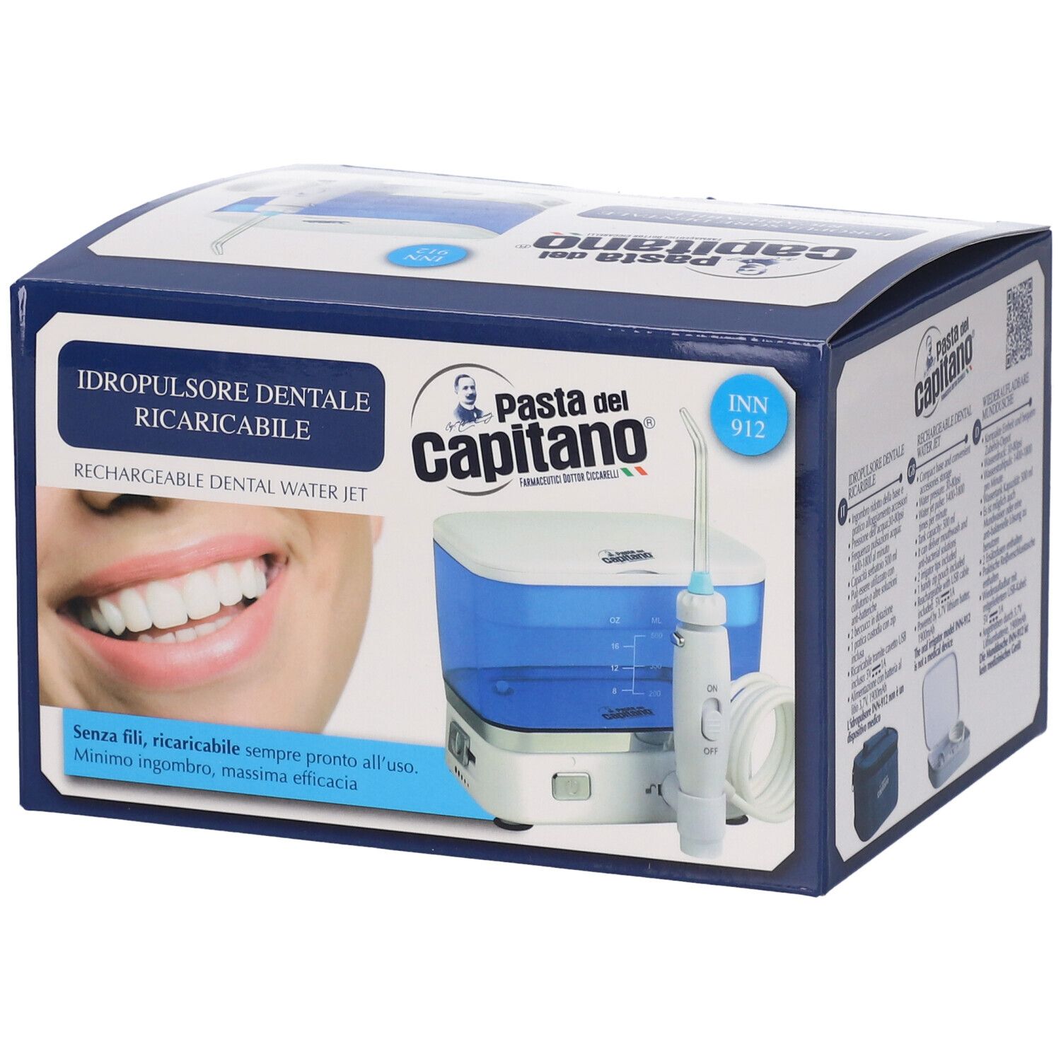 Confezione di idropulsore dentale ricaricabile. Marchio: Pasta del Capitano. Design blu e bianco. Immagine del prodotto.