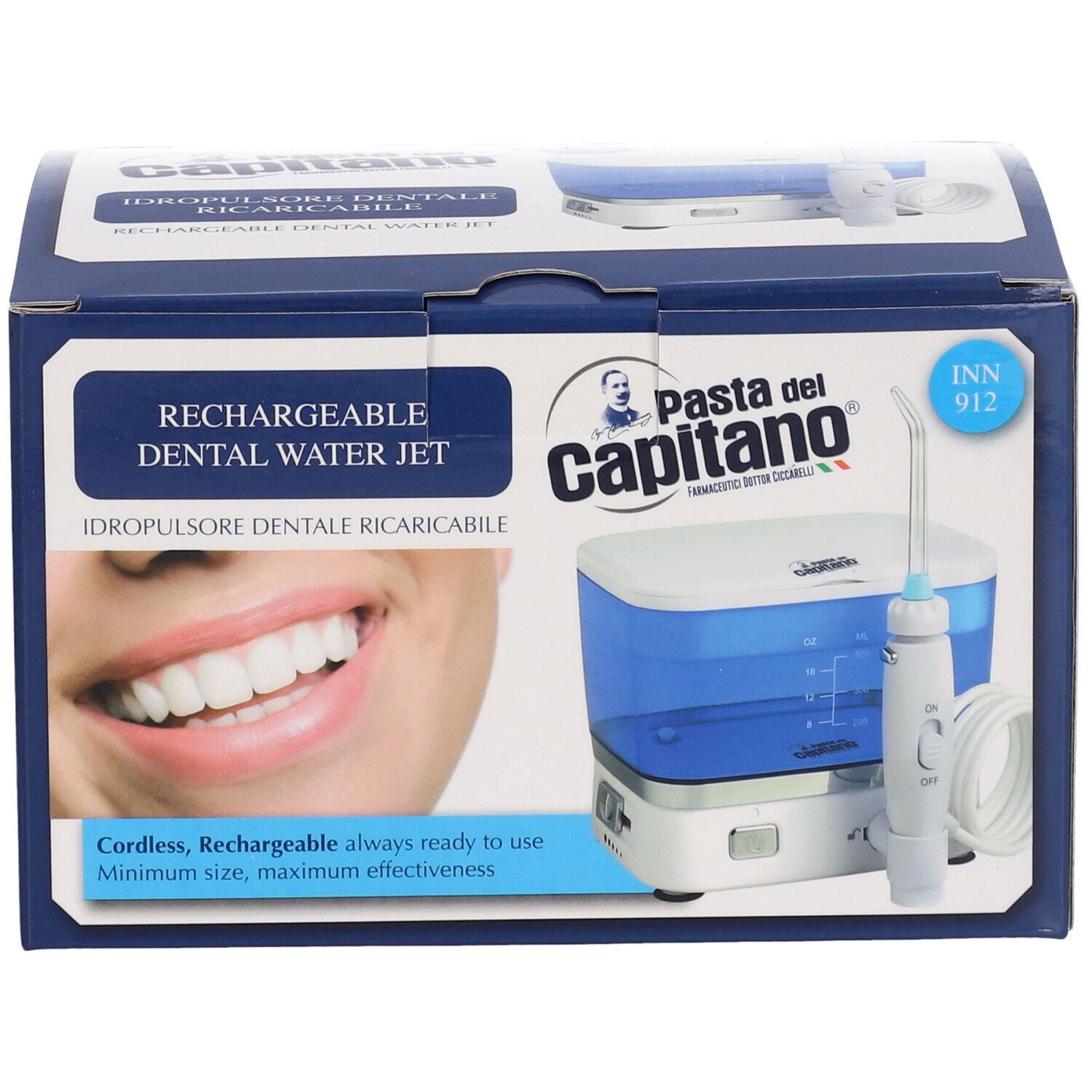 Confezione di idropulsore dentale ricaricabile. Marchio: Pasta del Capitano. Design blu e bianco. Immagine del prodotto.