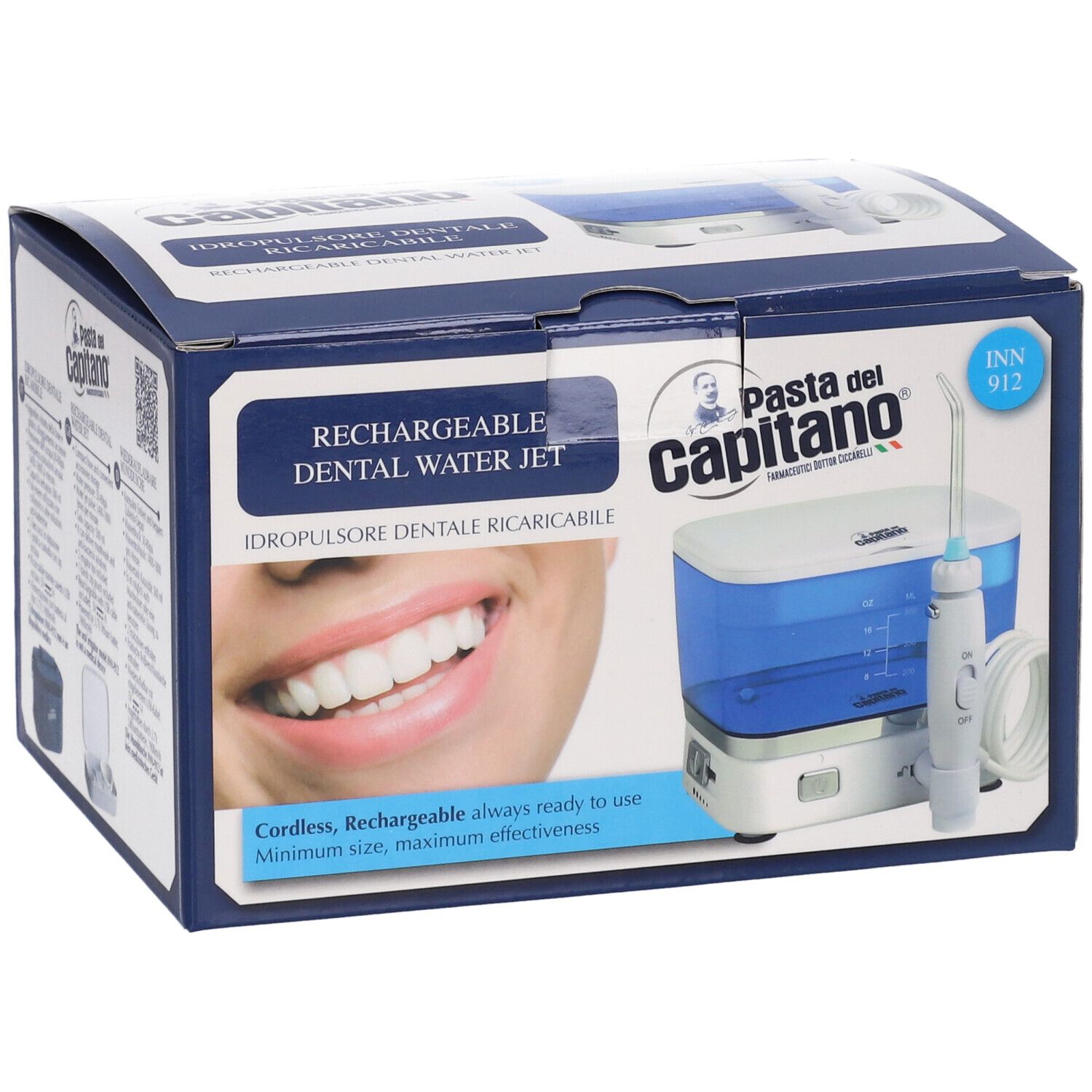 Confezione di idropulsore dentale ricaricabile. Marchio: Pasta del Capitano. Design blu e bianco. Immagine del prodotto.