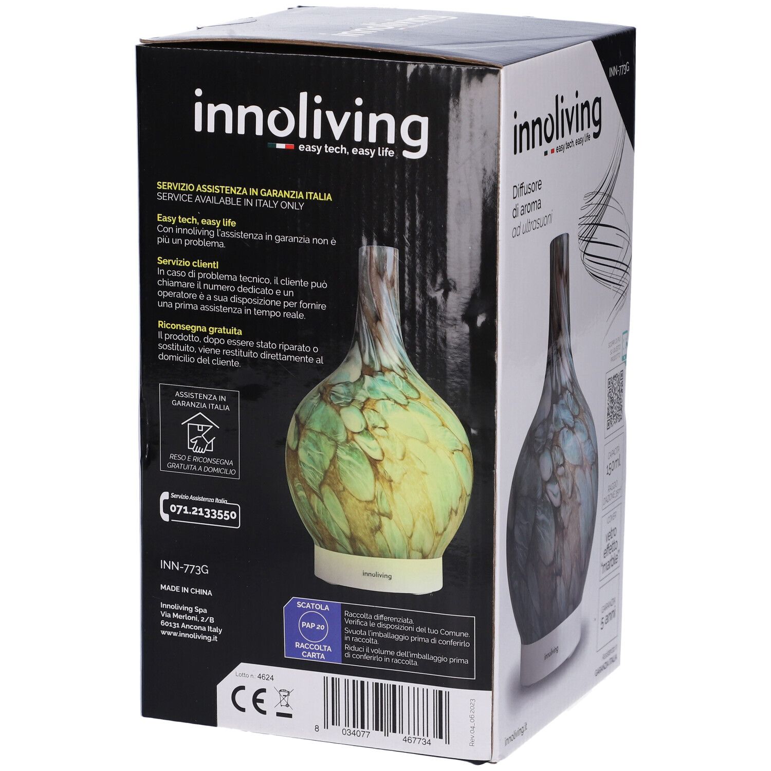 Retro della confezione del diffusore Innoliving. Immagine del prodotto, testo sul servizio clienti e garanzia. Codice QR e marchio CE.