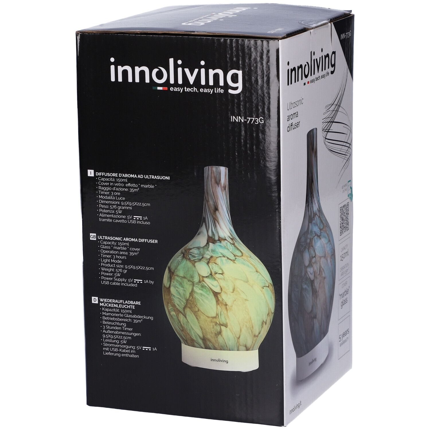 Retro della confezione del diffusore Innoliving. Immagine del prodotto, testo su caratteristiche e specifiche. Marchio CE.