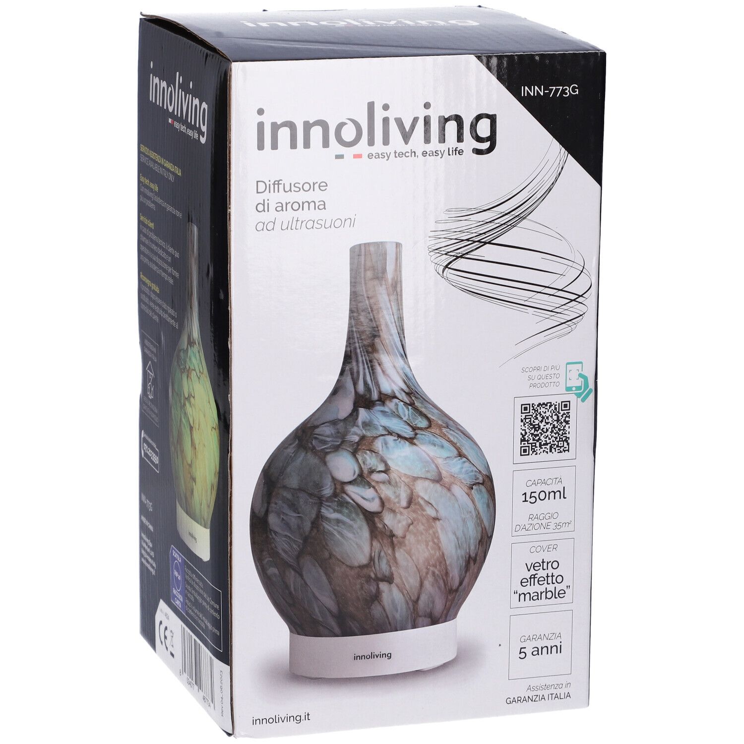 Confezione del diffusore di aromi Innoliving. Diffusore in vetro effetto marmo, base bianca. Testo: Innoliving, 150ml, garanzia 5 anni.