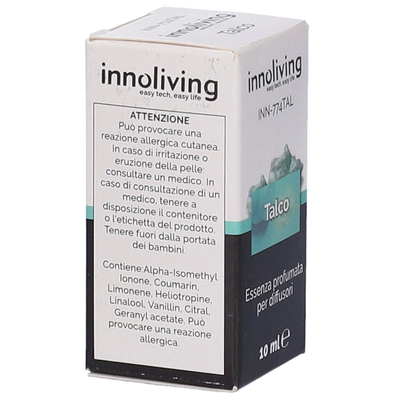 Scatola con informazioni sul prodotto. Scritto: Talco, Essenza profumata per diffusori, 10 ml. Marchio: Innoliving. Avvertenza.