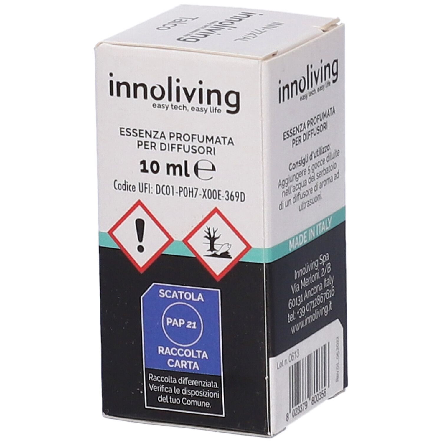 Scatola con informazioni sul prodotto. Scritto: Essenza profumata per diffusori, 10 ml. Marchio: Innoliving. Simbolo di riciclaggio.