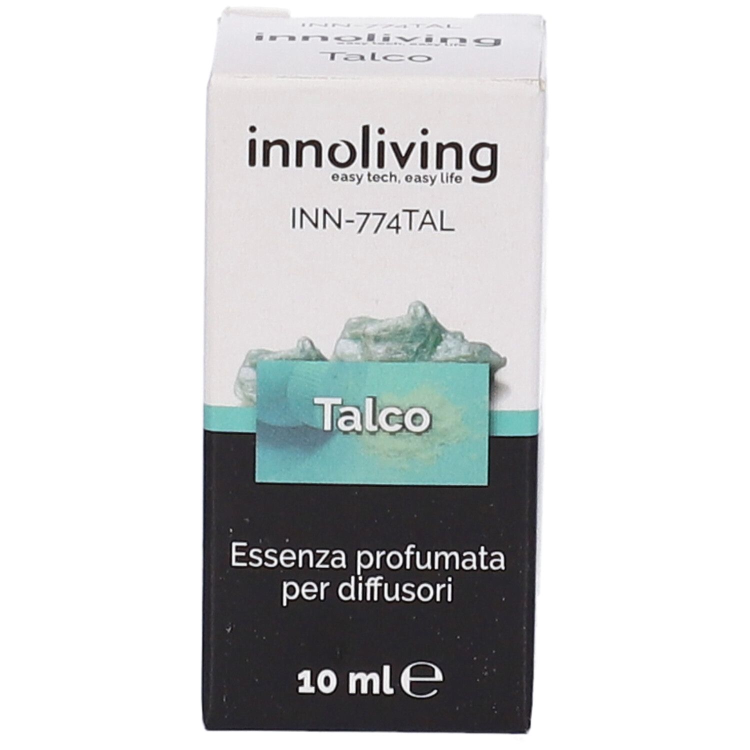 Scatola con informazioni sul prodotto. Scritto: Talco, Essenza profumata per diffusori, 10 ml. Marchio: Innoliving.