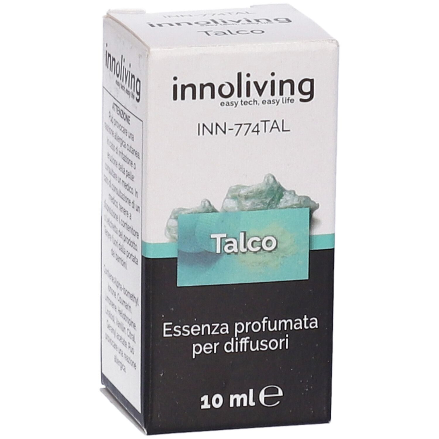 Scatola con informazioni sul prodotto. Scritto: Talco, Essenza profumata per diffusori, 10 ml. Marchio: Innoliving.