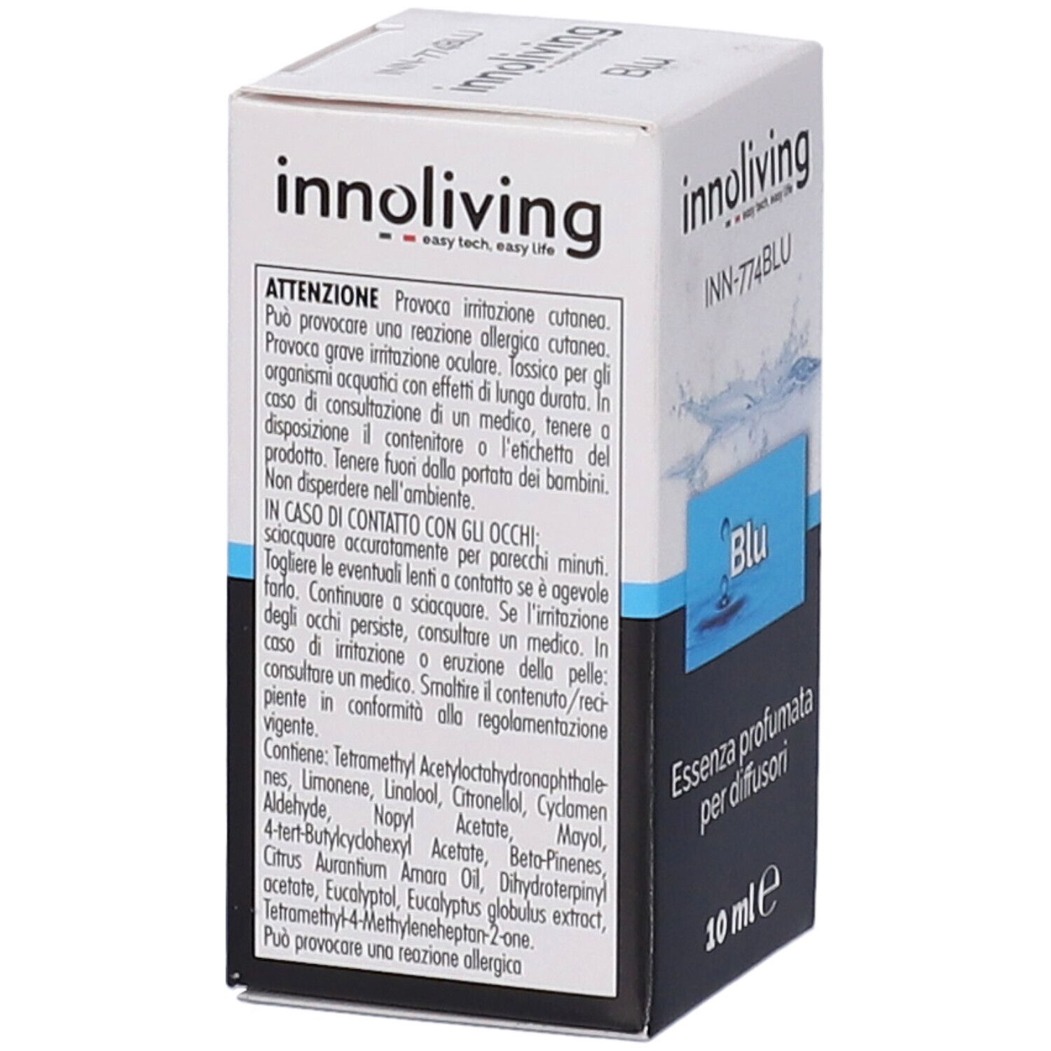 Scatola Innoliving Essenza Profumata Per Diffusori Blu. Retro con avvertenze e ingredienti.