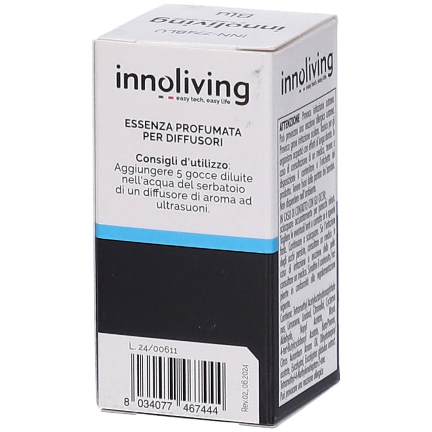 Scatola Innoliving Essenza Profumata Per Diffusori. Codice a barre e istruzioni per lo smaltimento.