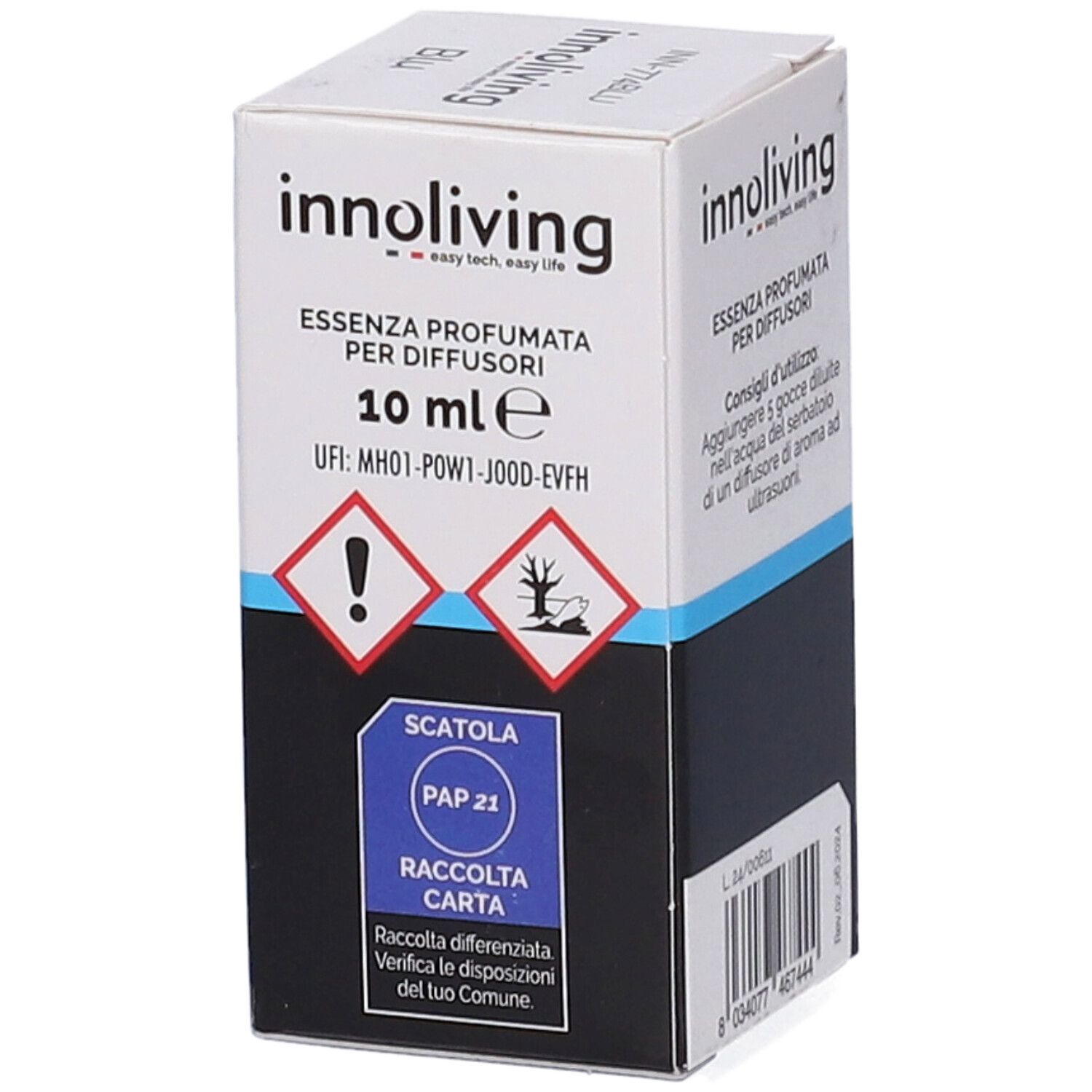Scatola Innoliving Essenza Profumata Per Diffusori Blu. Avvertenze e istruzioni per lo smaltimento.
