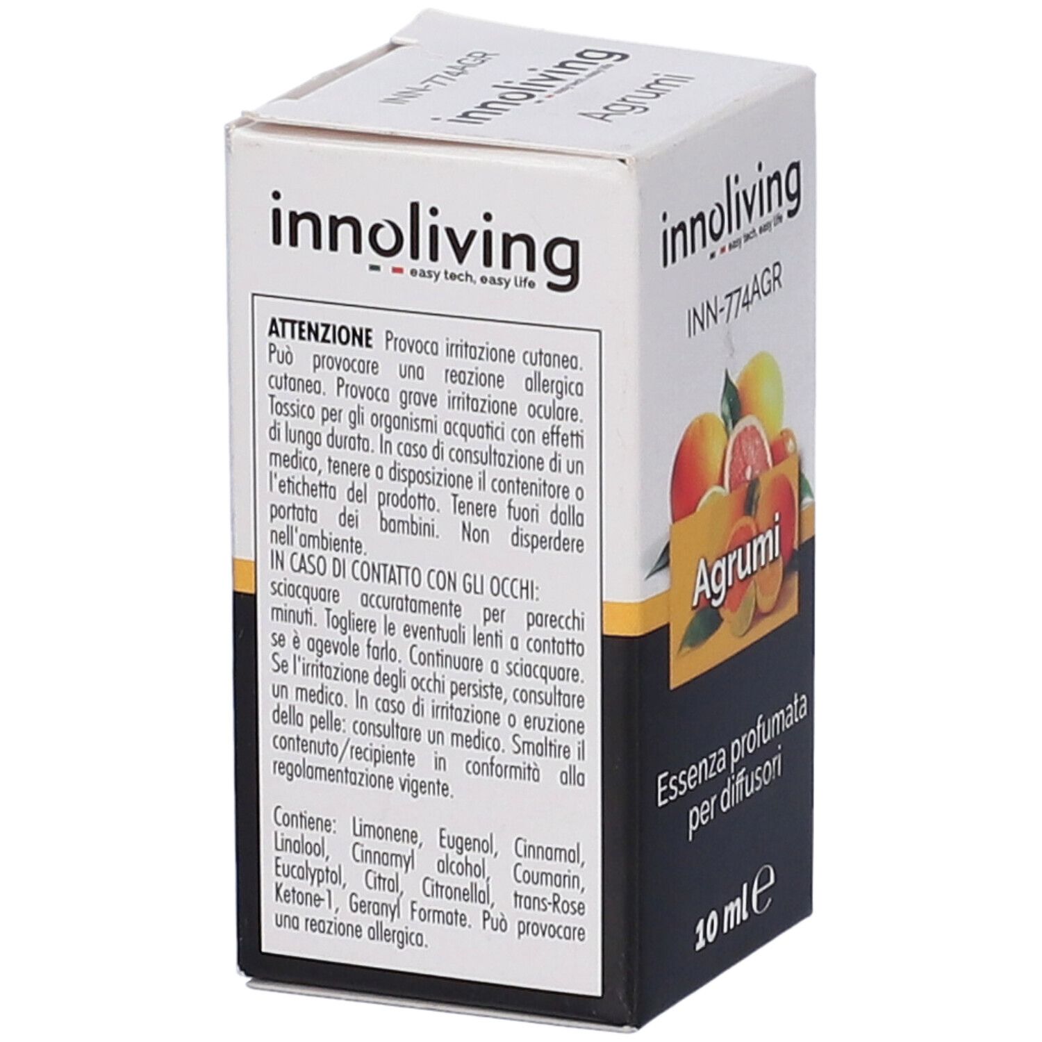 Scatola con testo. Contiene avvertenze e ingredienti. Scritto: Essenza Profumata Per Diffusori, 10 ml.