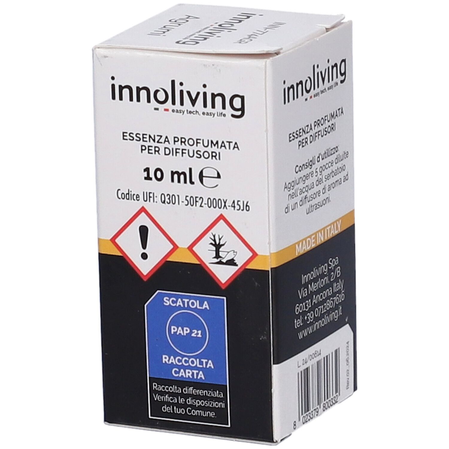 Scatola con testo e simboli. Scritto: Essenza Profumata Per Diffusori, 10 ml. Con simbolo di riciclaggio.