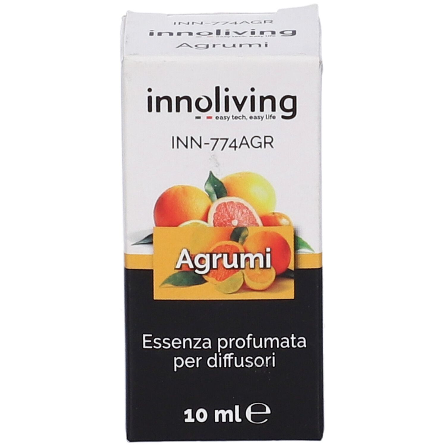 Scatola con immagine e testo. Scritto: Essenza Profumata Per Diffusori Agrumi, 10 ml.