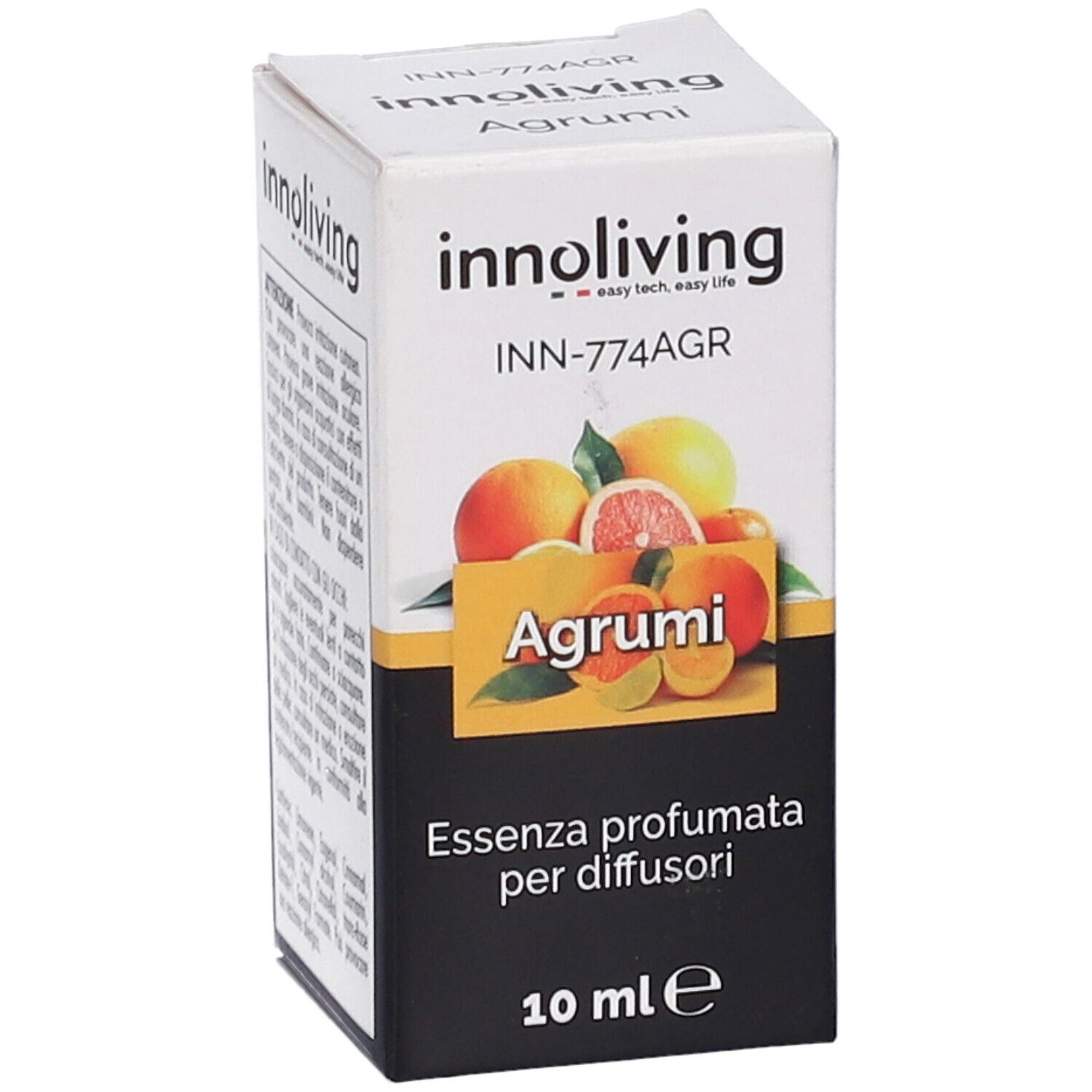 Scatola con immagine e testo. Scritto: Essenza Profumata Per Diffusori Agrumi, 10 ml.
