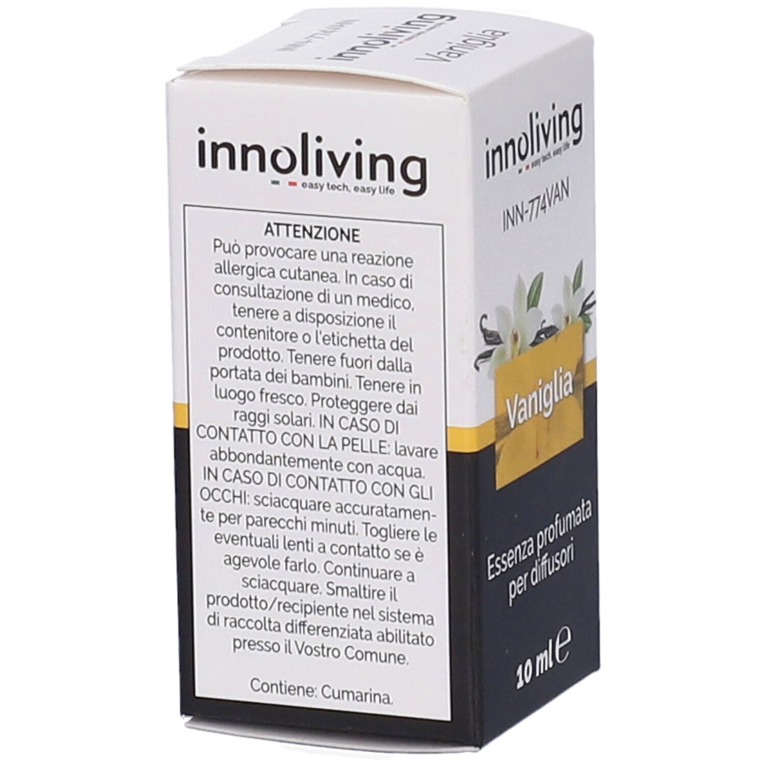 Scatola con informazioni sul prodotto. Scritto: Vaniglia, Essenza profumata per diffusori, 10 ml. Marchio: innoliving.