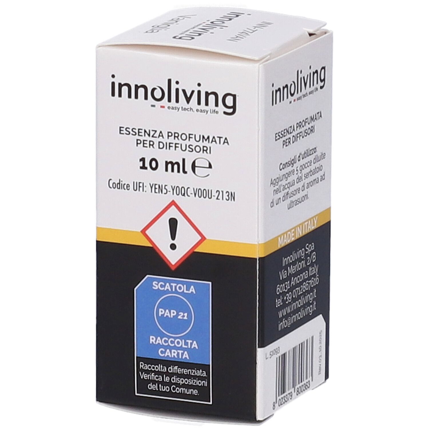 Scatola con informazioni sul prodotto. Scritto: Essenza profumata per diffusori, 10 ml. Marchio: innoliving. Simbolo di avvertimento.