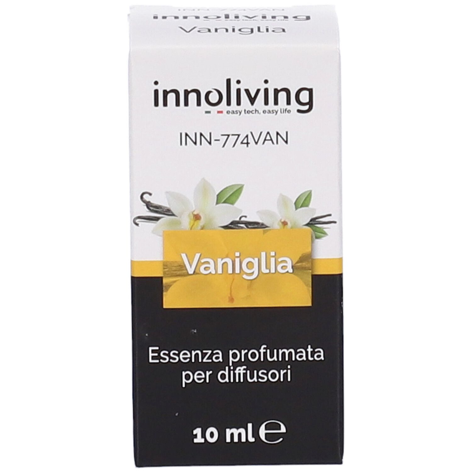 Scatola con informazioni sul prodotto. Scritto: Vaniglia, Essenza profumata per diffusori, 10 ml. Marchio: innoliving.