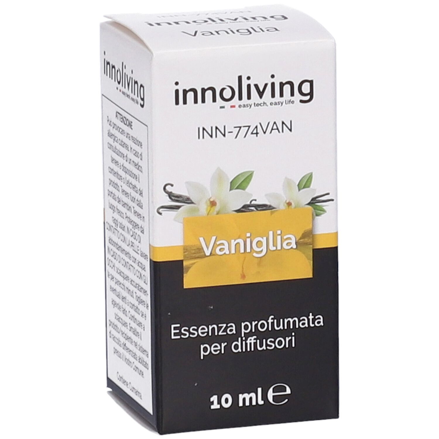 Scatola con informazioni sul prodotto. Scritto: Vaniglia, Essenza profumata per diffusori, 10 ml. Marchio: innoliving.