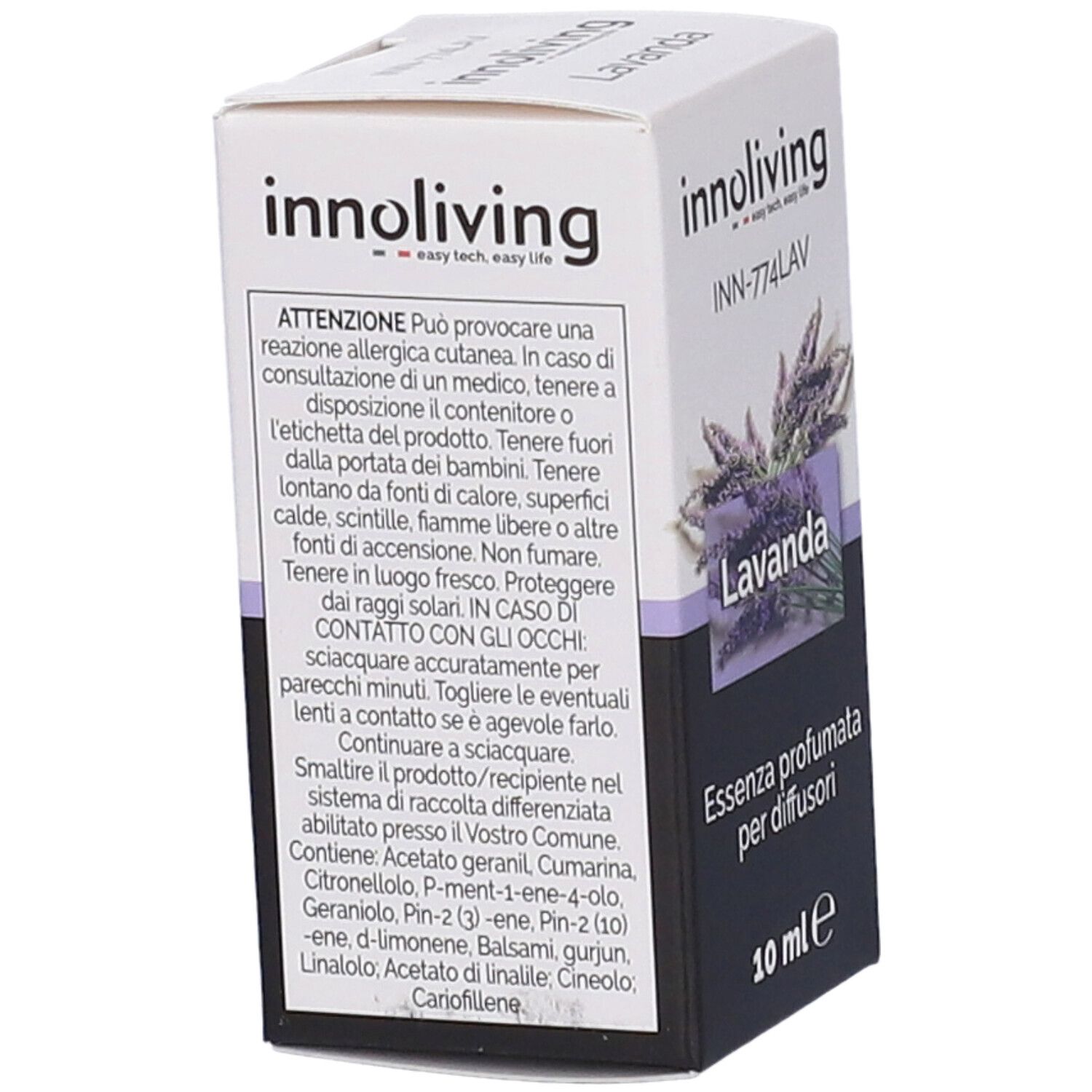 Scatola con testo e avvertenze. Contiene ingredienti. Marchio: innoliving. Prodotto: Essenza profumata per diffusori. 10 ml.