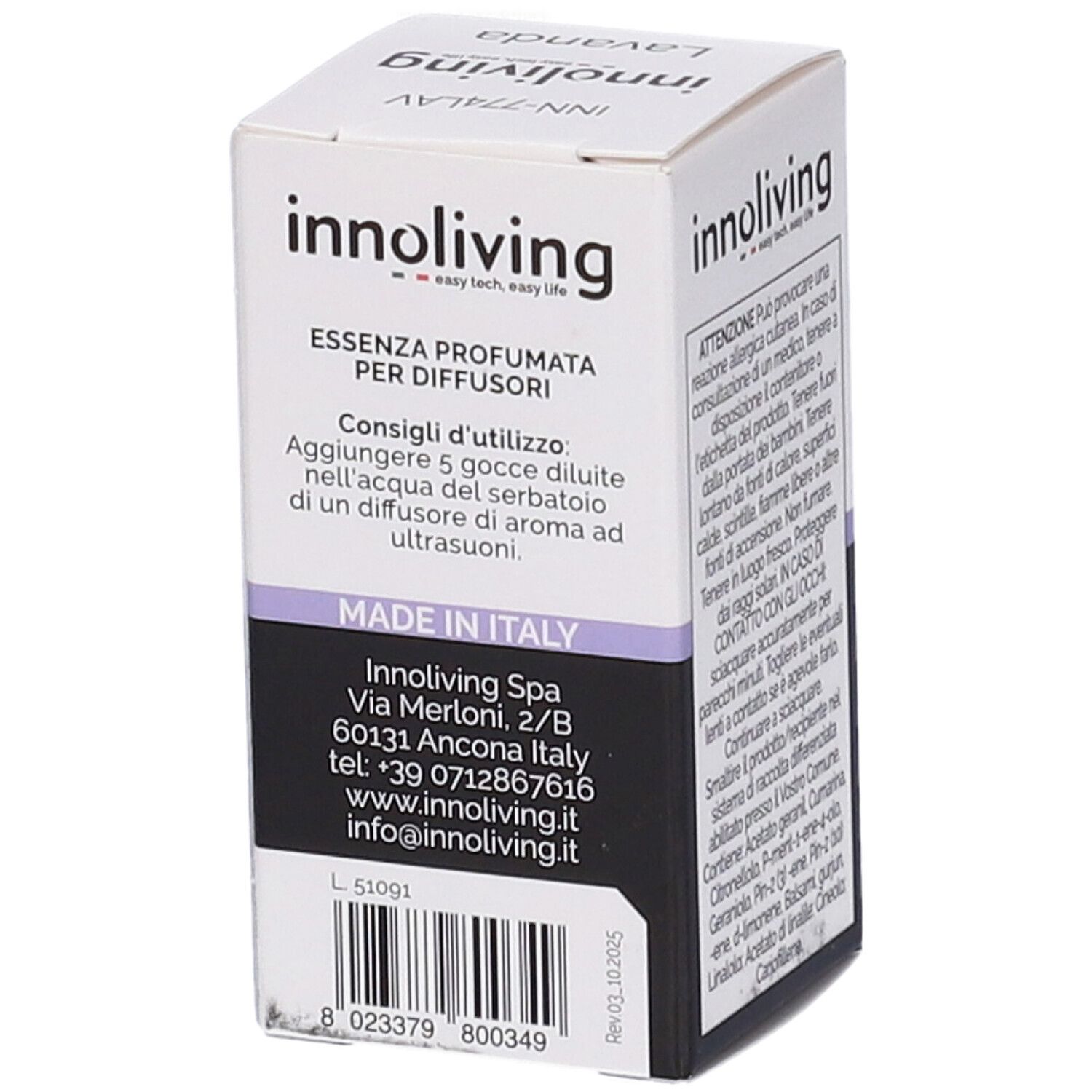 Scatola con testo. Prodotto in Italia. Indirizzo e contatti. Marchio: innoliving. Prodotto: Essenza profumata per diffusori.