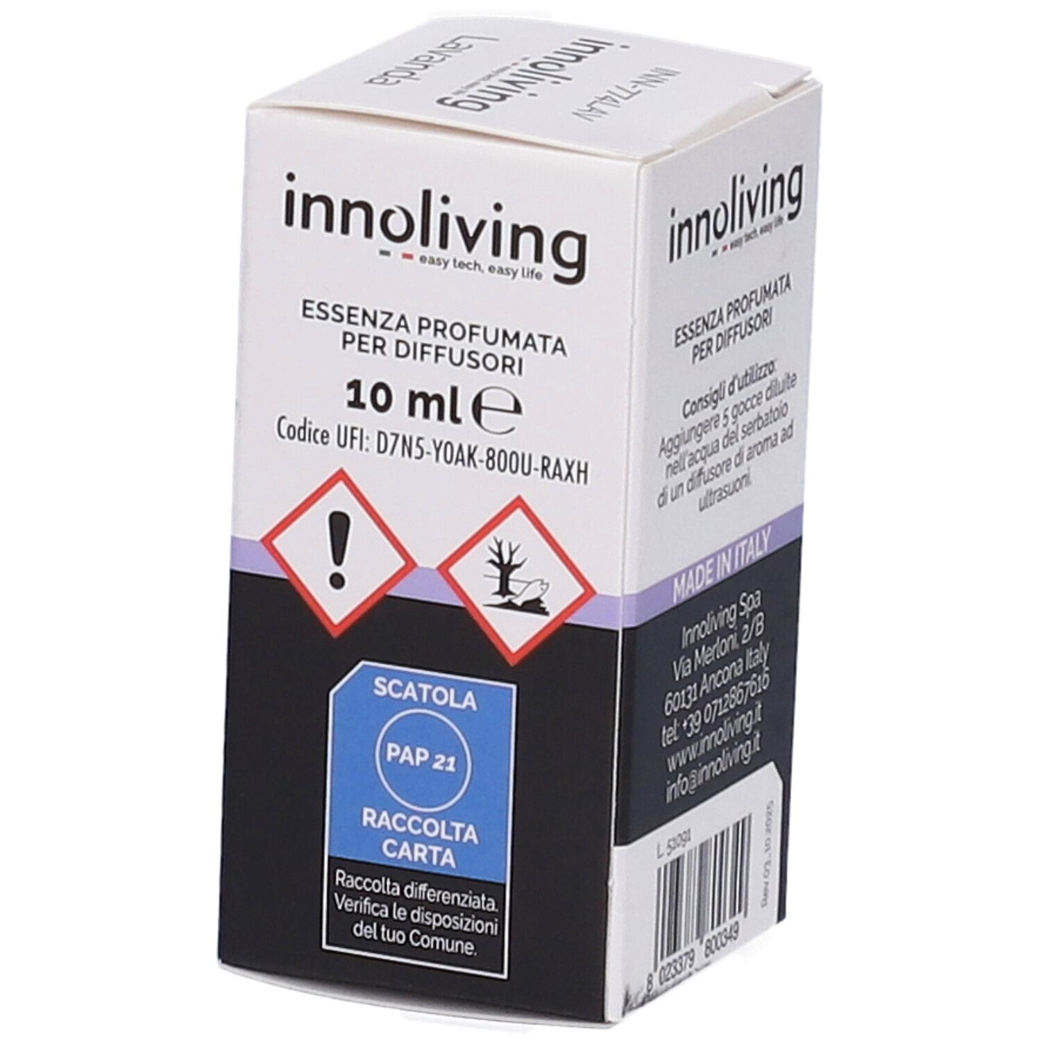 Scatola con simboli di avvertimento e testo. Prodotto: Essenza profumata per diffusori. 10 ml. Marchio: innoliving. Simbolo di riciclaggio PAP 21.