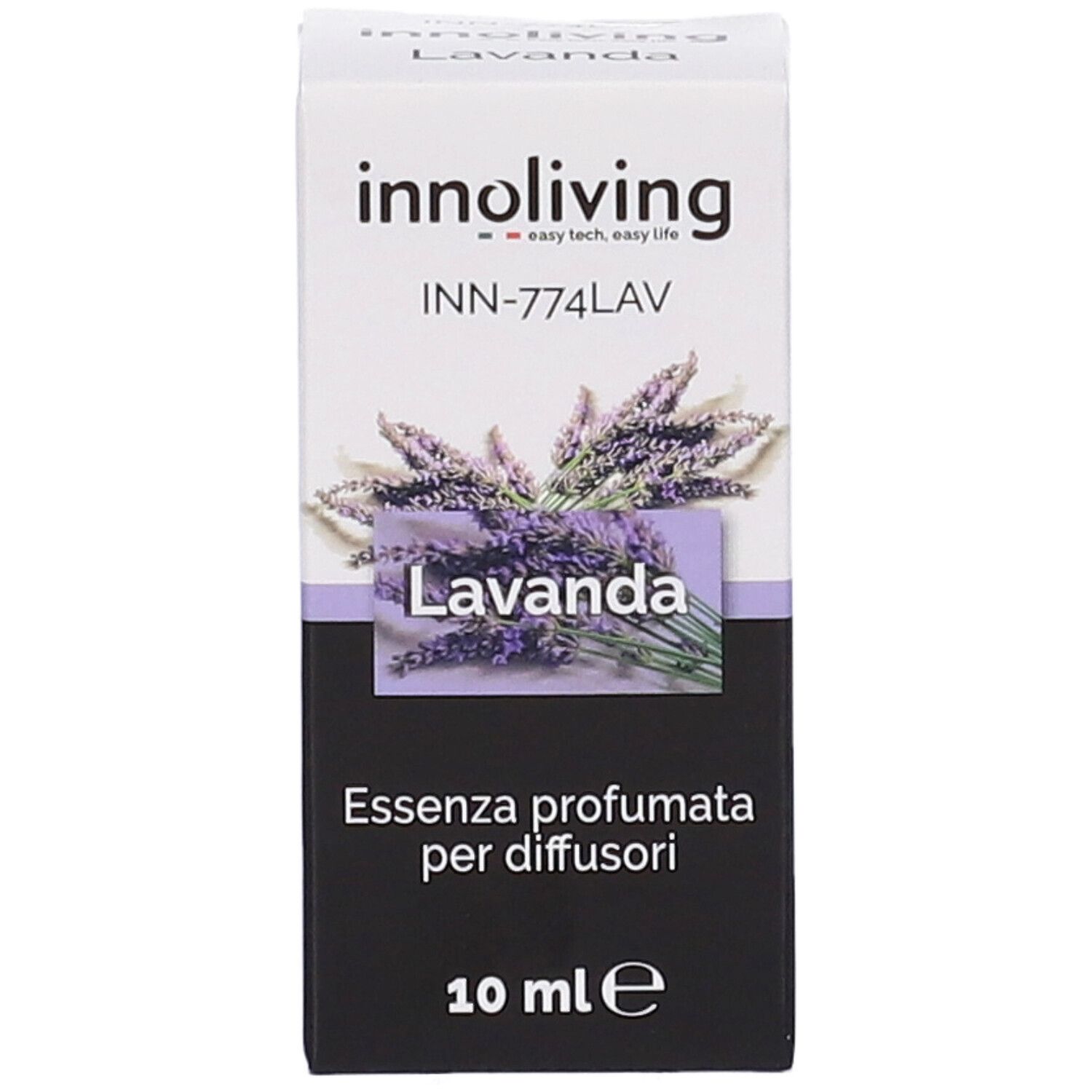 Scatola con immagine di lavanda e testo. Prodotto: Essenza profumata per diffusori. 10 ml. Marchio: innoliving.