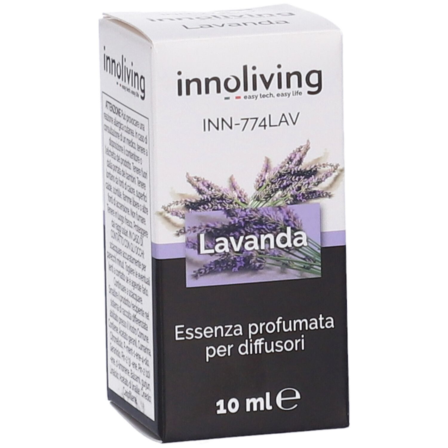 Scatola con immagine di lavanda e testo. Prodotto: Essenza profumata per diffusori. 10 ml. Marchio: innoliving.