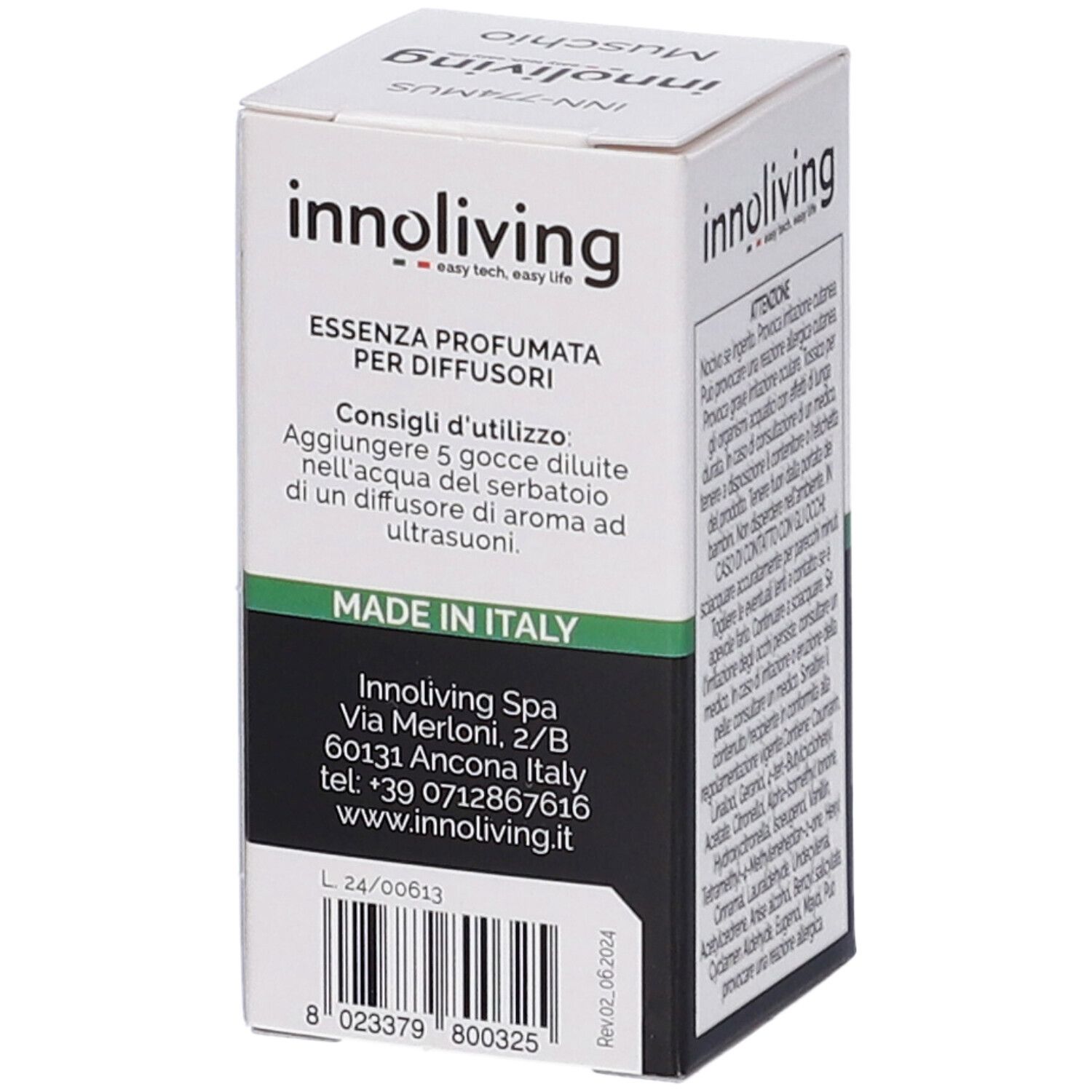 Scatola Innoliving, testo e contatti. Made in Italy.