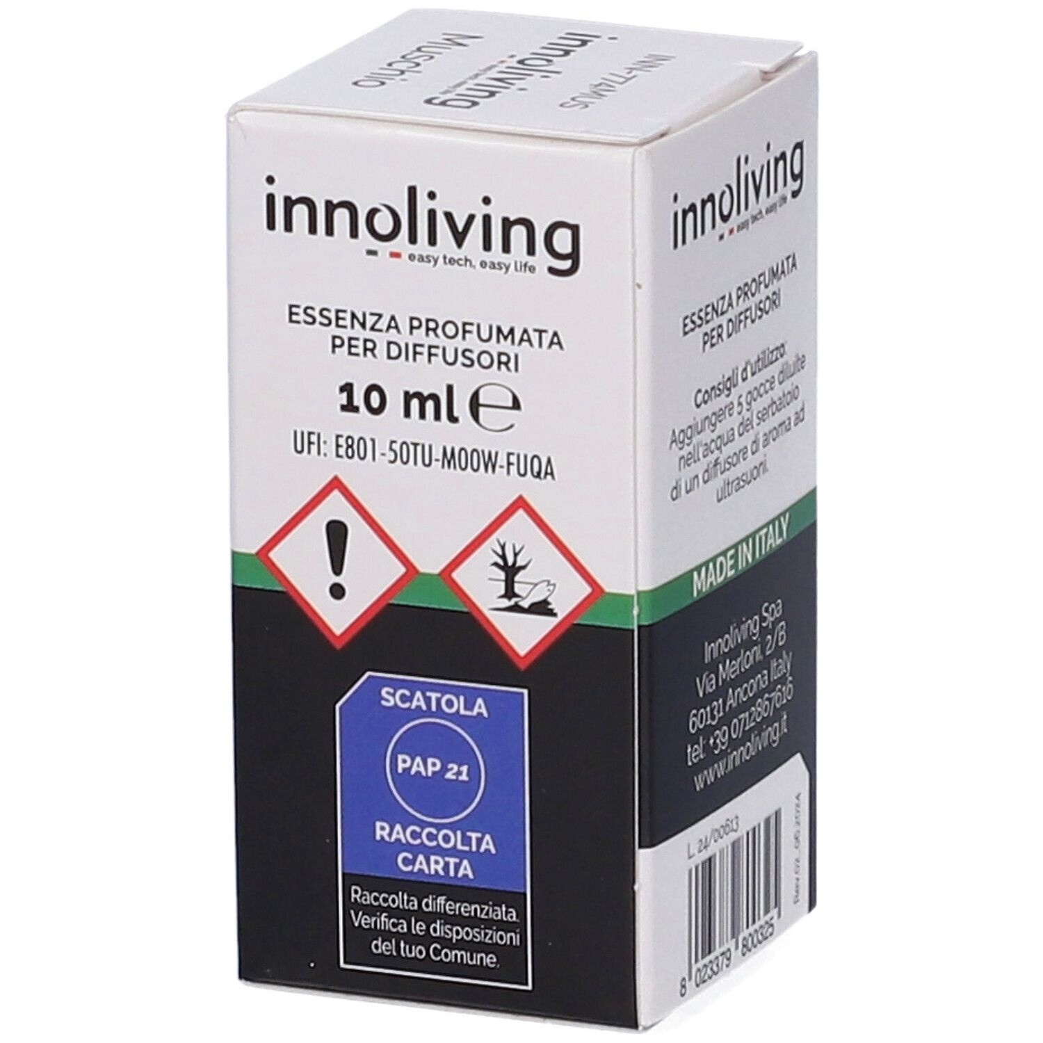 Scatola Innoliving, testo e simboli. Avvertenze e informazioni.