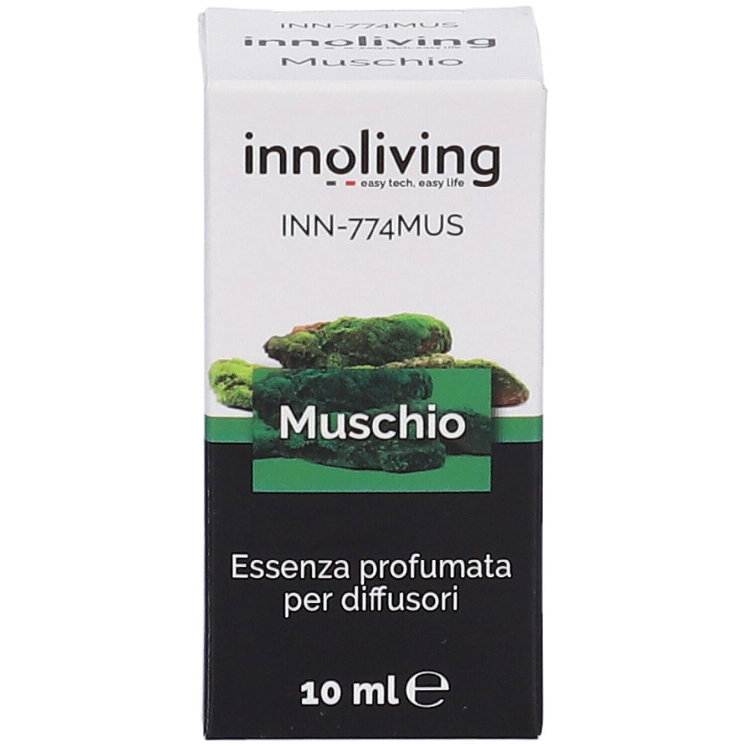 Scatola Innoliving Muschio, 10 ml. Immagine di muschio. Testo: Essenza profumata per diffusori.