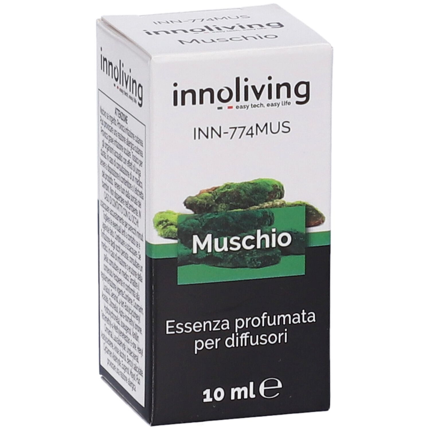 Scatola Innoliving Muschio, 10 ml. Immagine di muschio. Testo: Essenza profumata per diffusori.