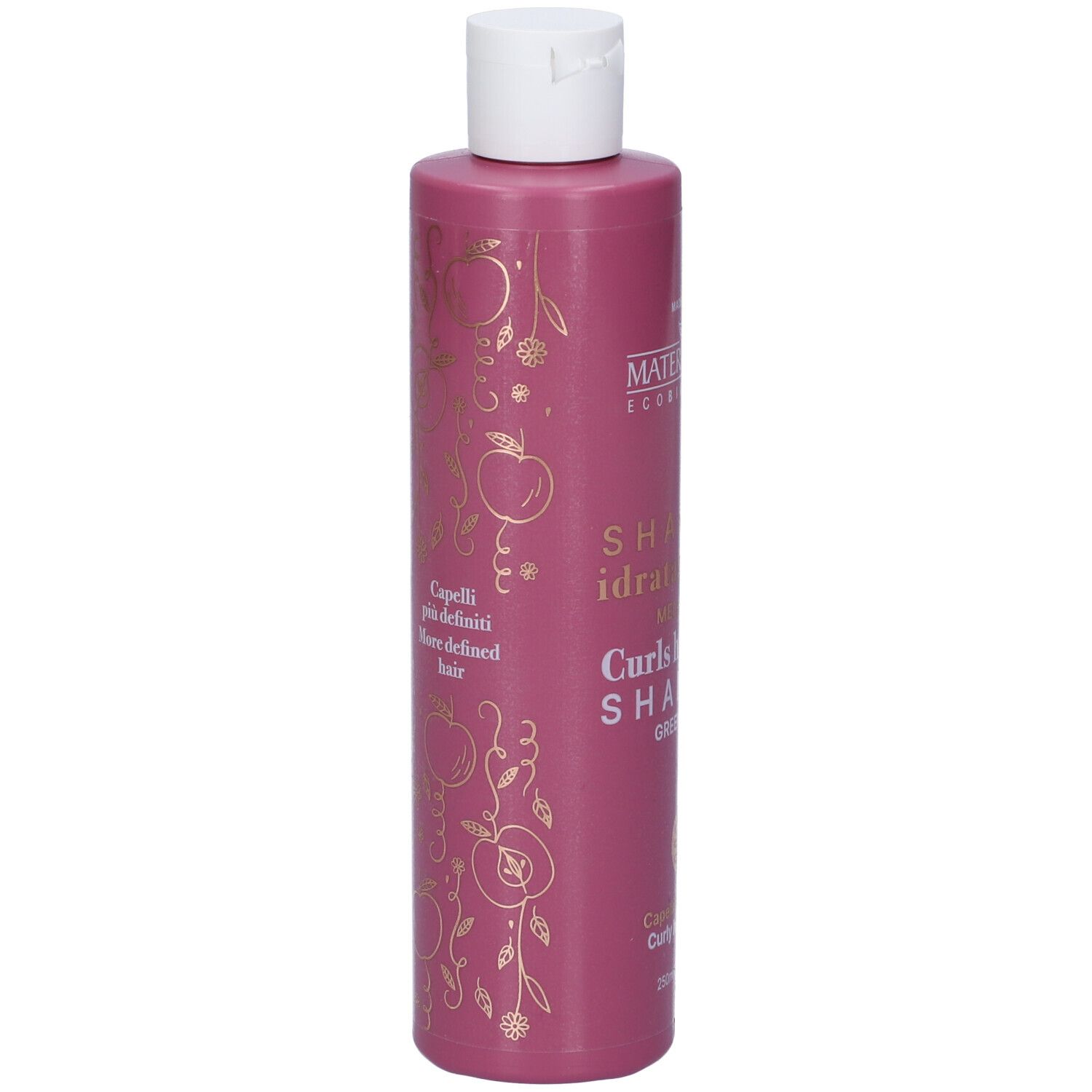 Flacone di shampoo rosa con decorazioni dorate. Testo: Shampoo Idratante Ricci, Capelli più definiti, Curls hydrating Shampoo.