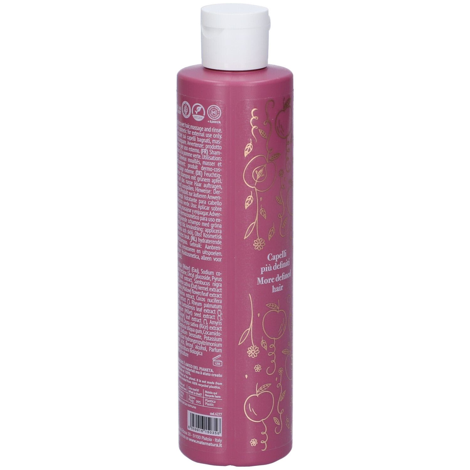 Retro di un flacone di shampoo rosa. Testo e loghi. Contiene informazioni sugli ingredienti e l'uso.