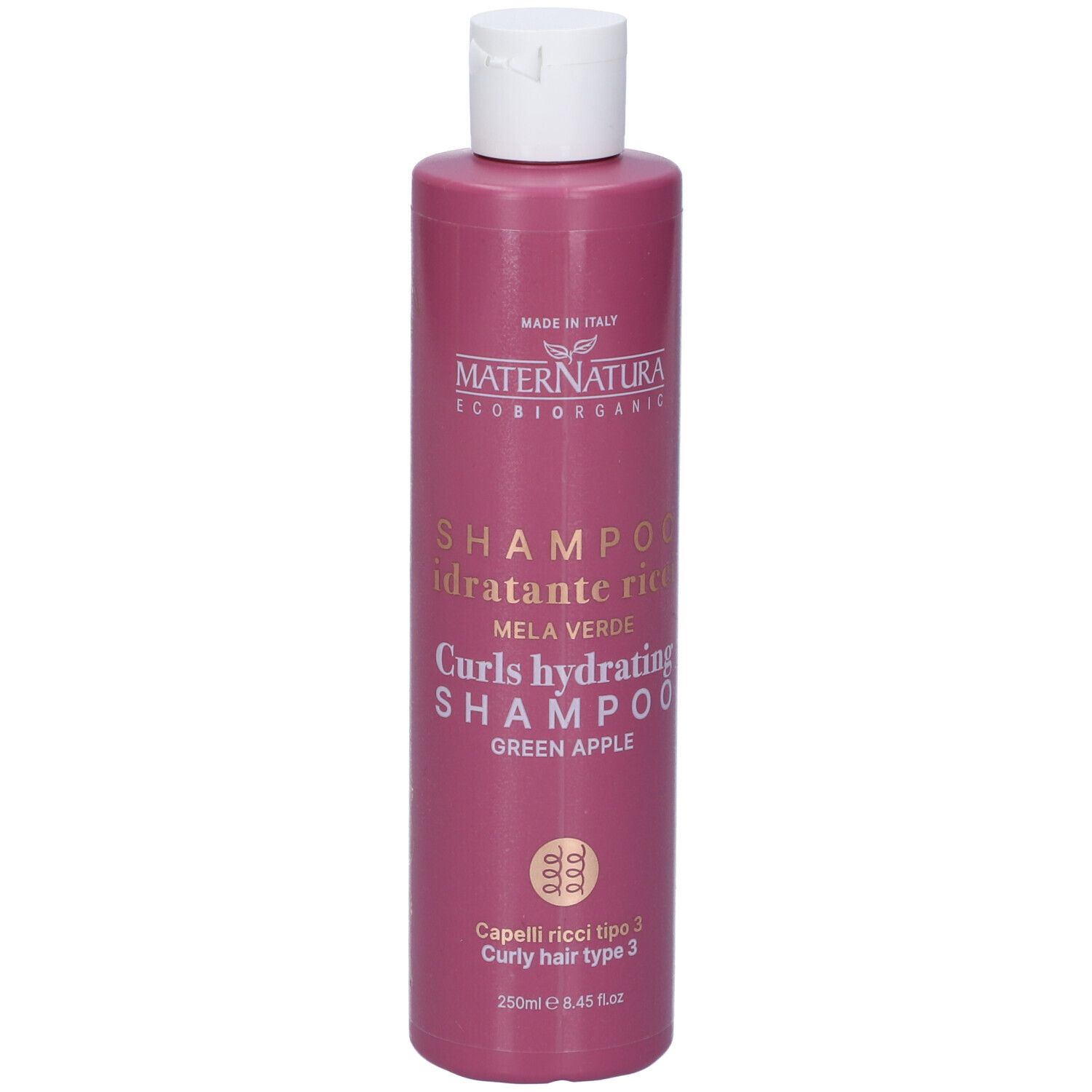 Flacone di shampoo rosa con tappo bianco. Testo: Maternatura, Shampoo Idratante Ricci, Mela Verde, Curls hydrating Shampoo, Green Apple.