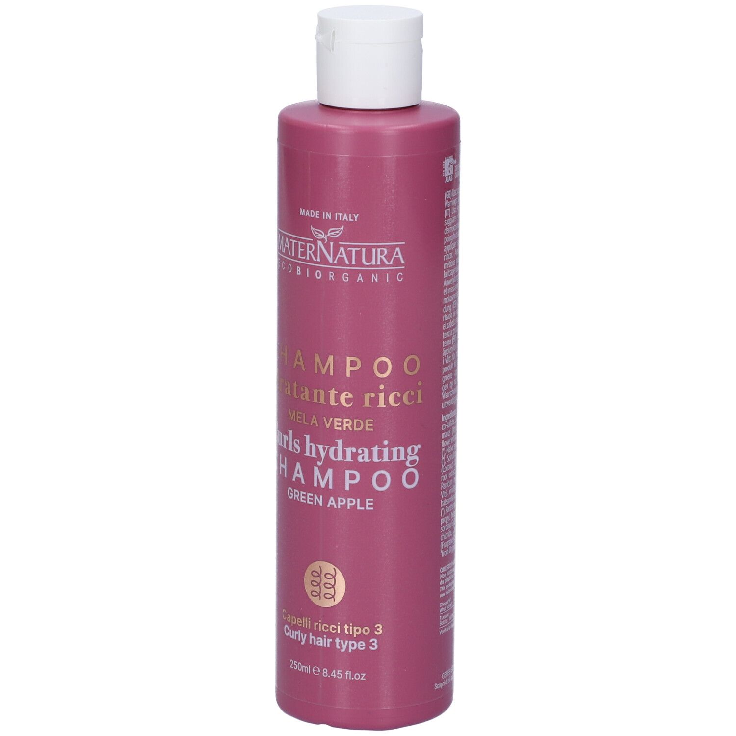 Flacone di shampoo rosa con tappo bianco. Testo: Maternatura, Shampoo Idratante Ricci, Mela Verde, Curls hydrating Shampoo, Green Apple.