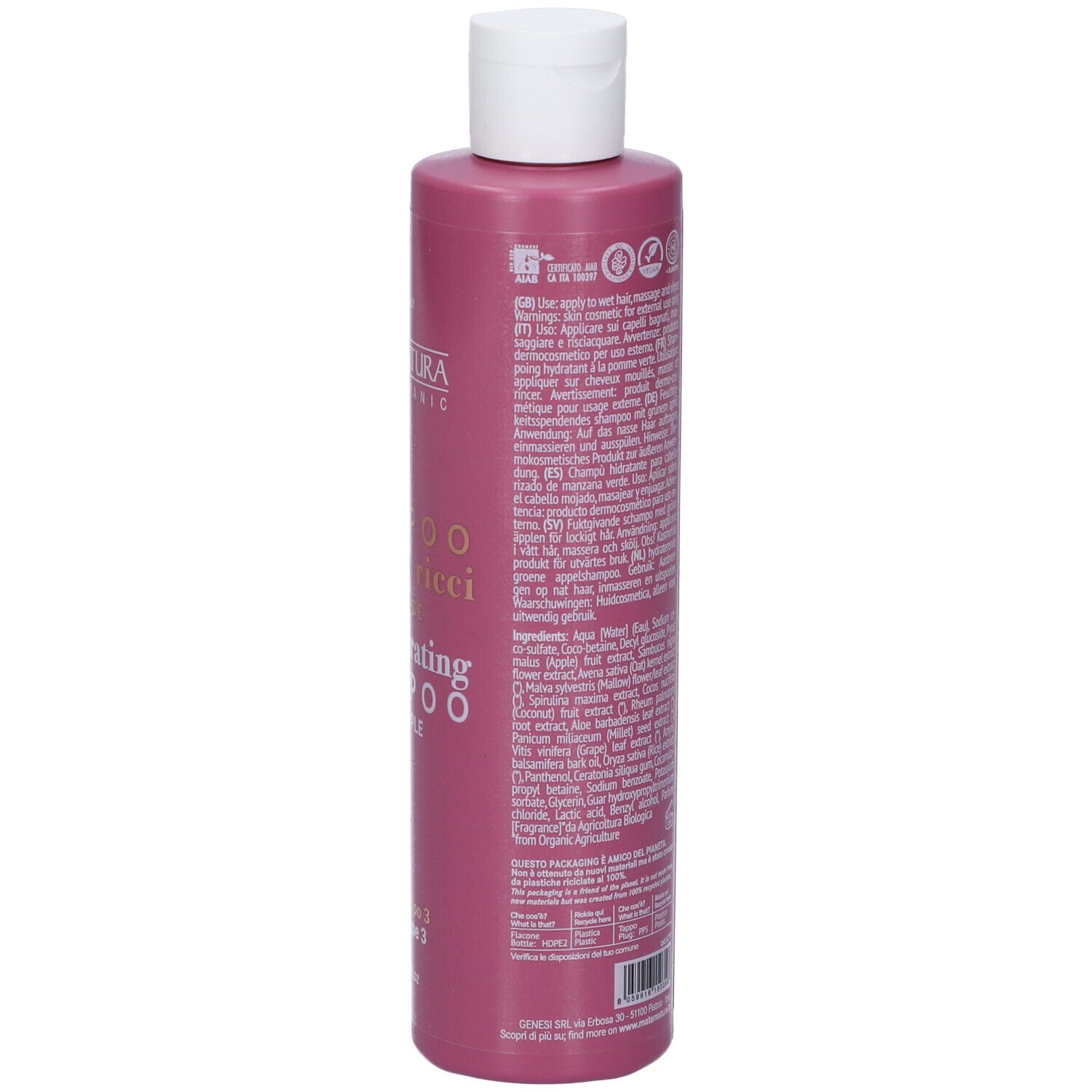 Retro di un flacone di shampoo rosa. Testo e loghi. Contiene informazioni sugli ingredienti e l'uso.