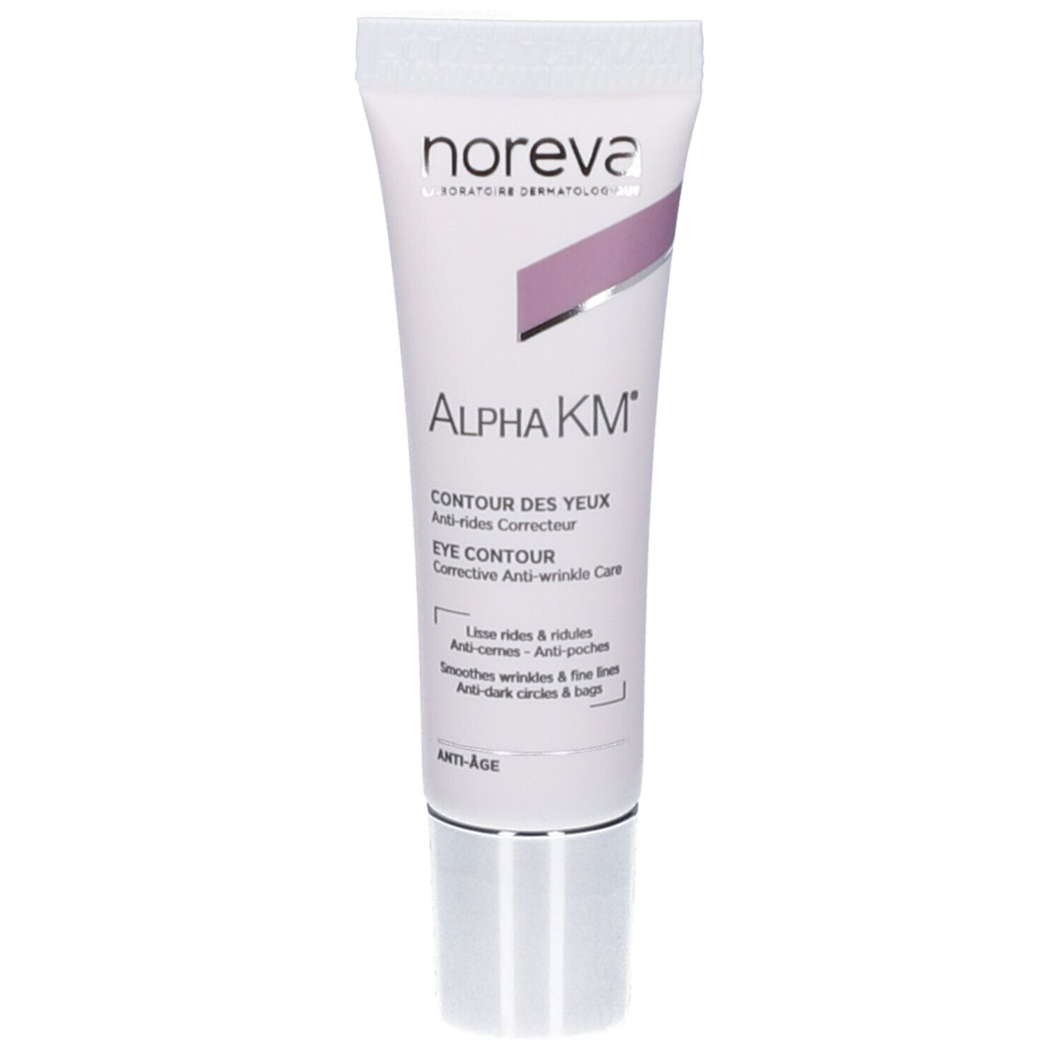 Tubo bianco con tappo argentato. Scritte: Noreva, Alpha KM, Contour des yeux, Eye Contour.
