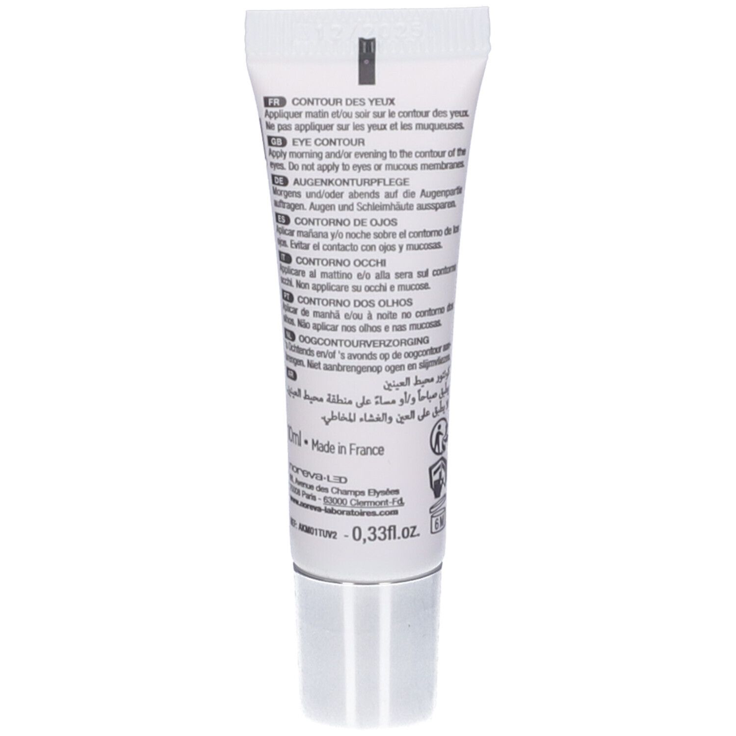 Retro del tubo. Testo multilingue. Scritte: 10ml, Made in France, 0,33 fl.oz.