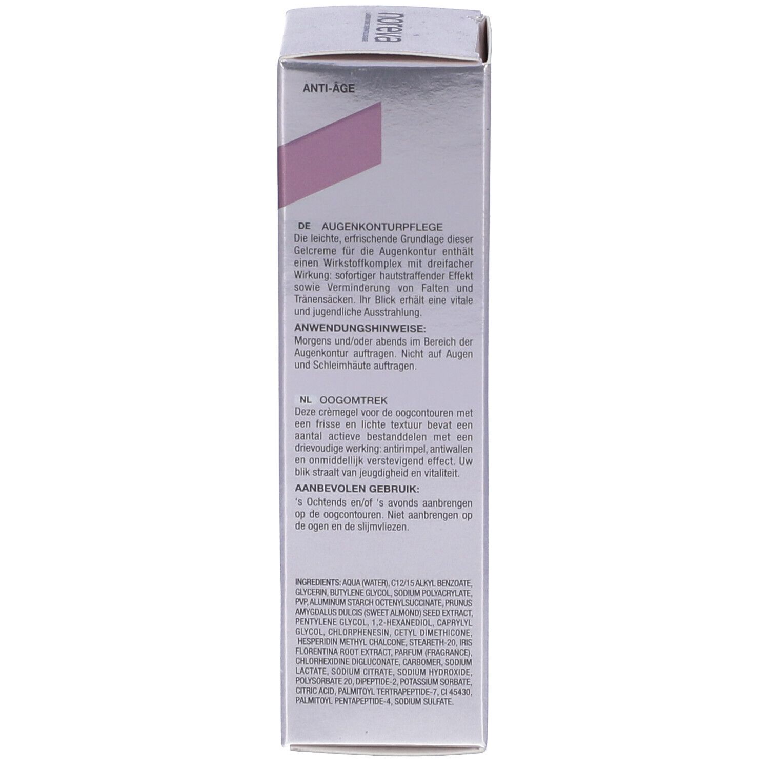 Lato della confezione. Testo multilingue. Istruzioni e ingredienti. Scritta: Contorno occhi.