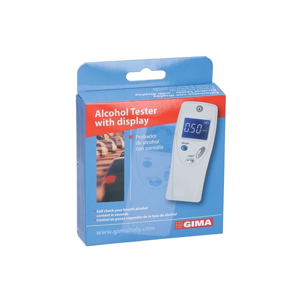 Confezione per etilometro con display. Blu. Dispositivo illustrato. Testo: Alcohol Tester with display.