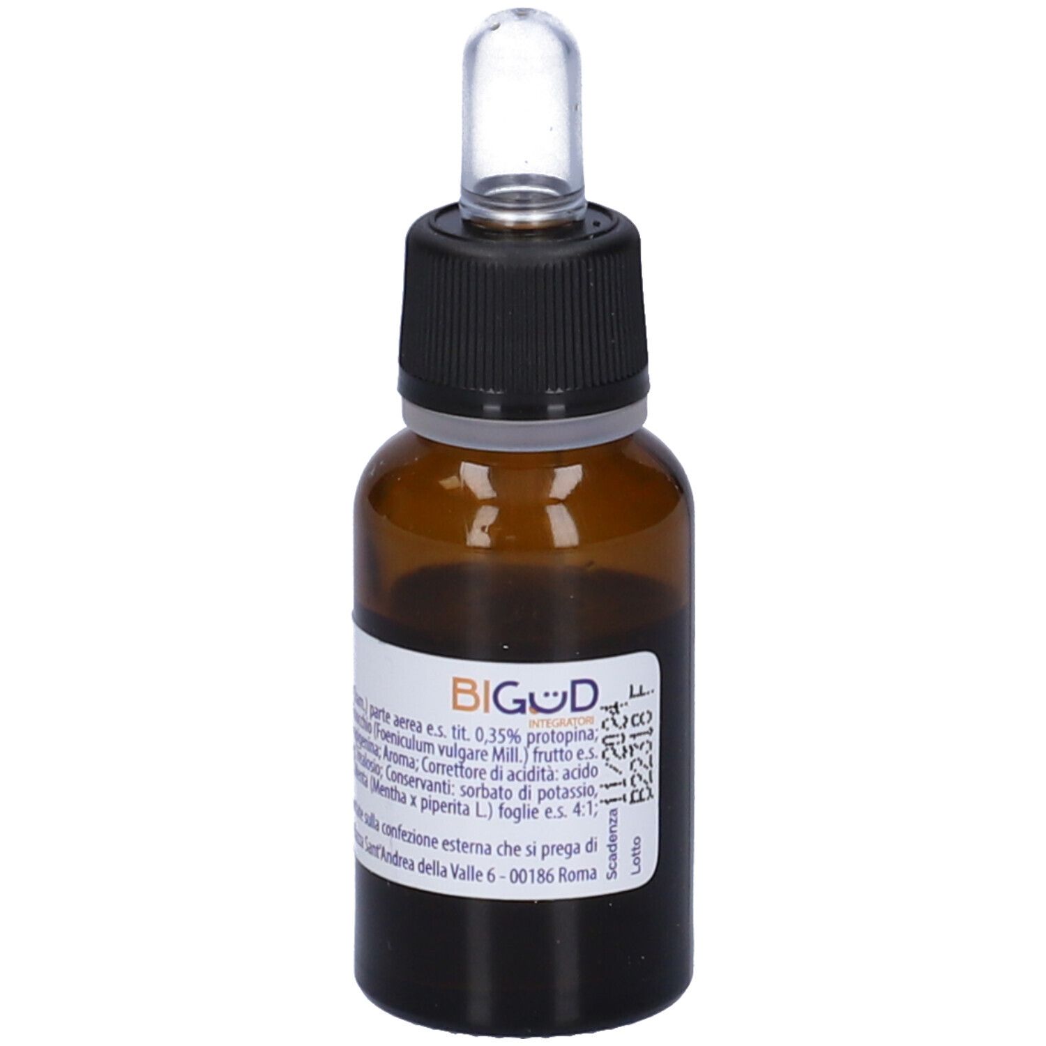 Flacone di vetro marrone con tappo nero e contagocce. Scritto: BIGUD.
